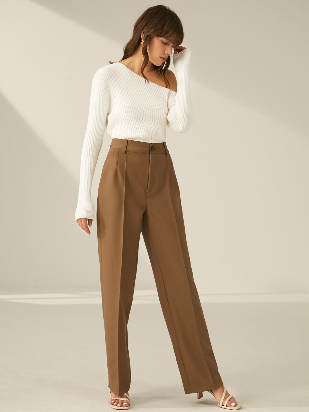 One Shoulder Long Sleeve Ribbed Pullover Sweater-Chicvia