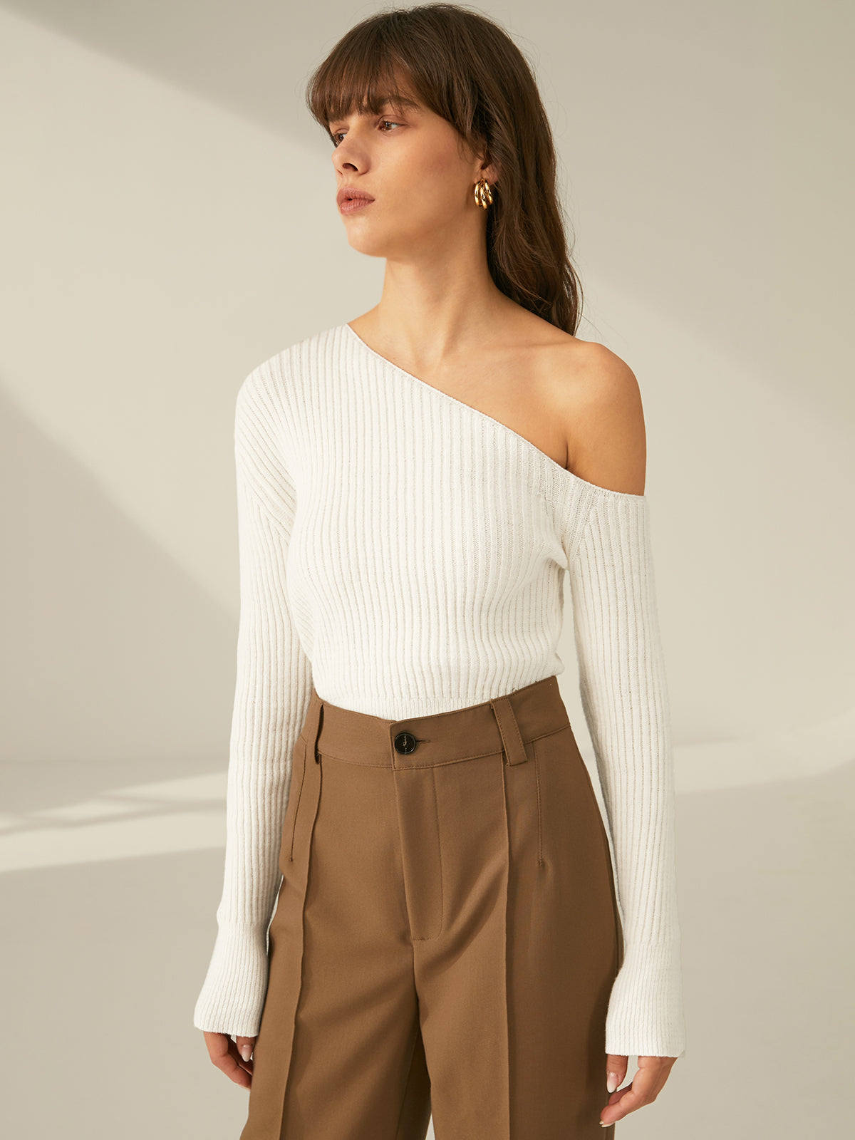One Shoulder Long Sleeve Ribbed Pullover Sweater-Chicvia