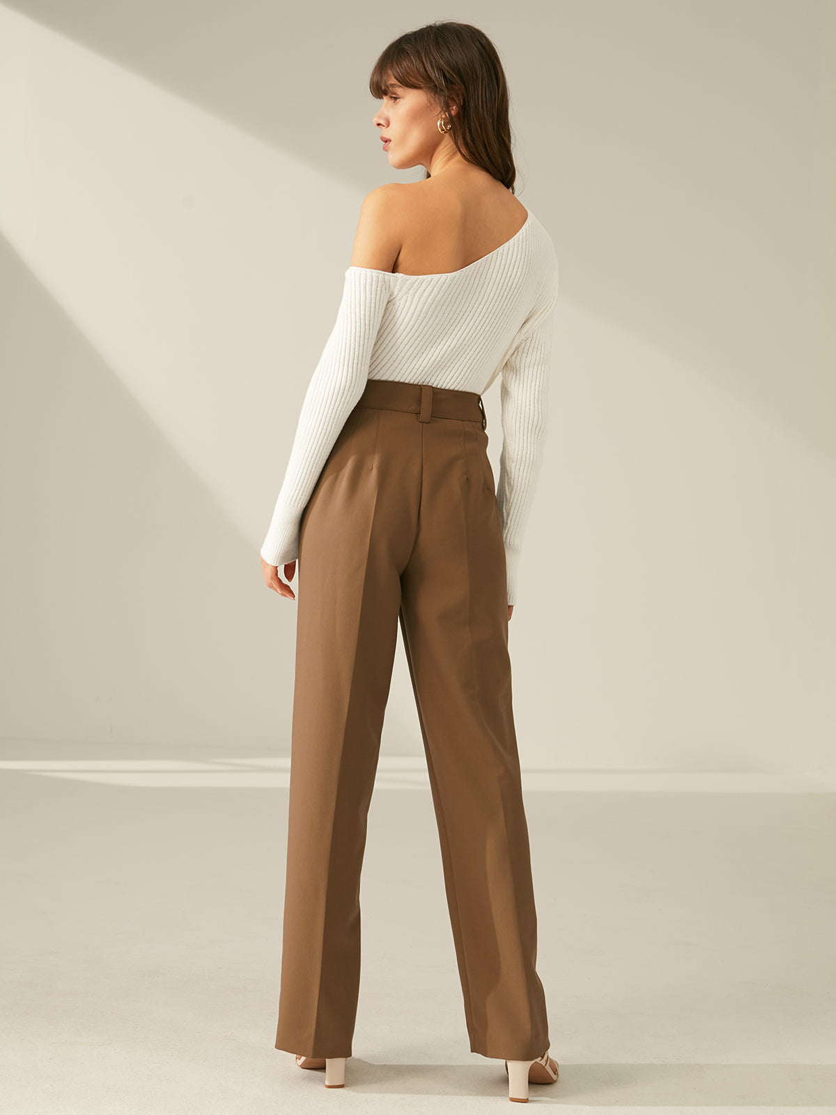 One Shoulder Long Sleeve Ribbed Pullover Sweater-Chicvia