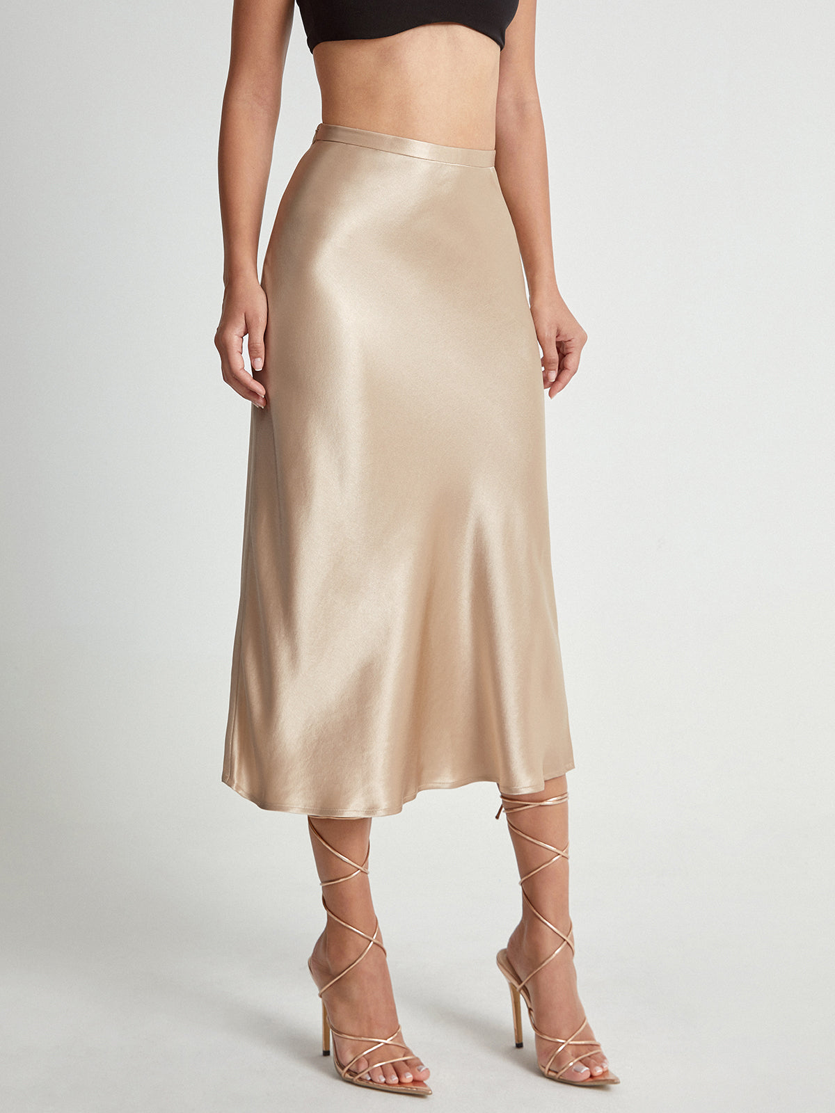 High Waisted Satin Flowy Midi Skirt-Chicvia