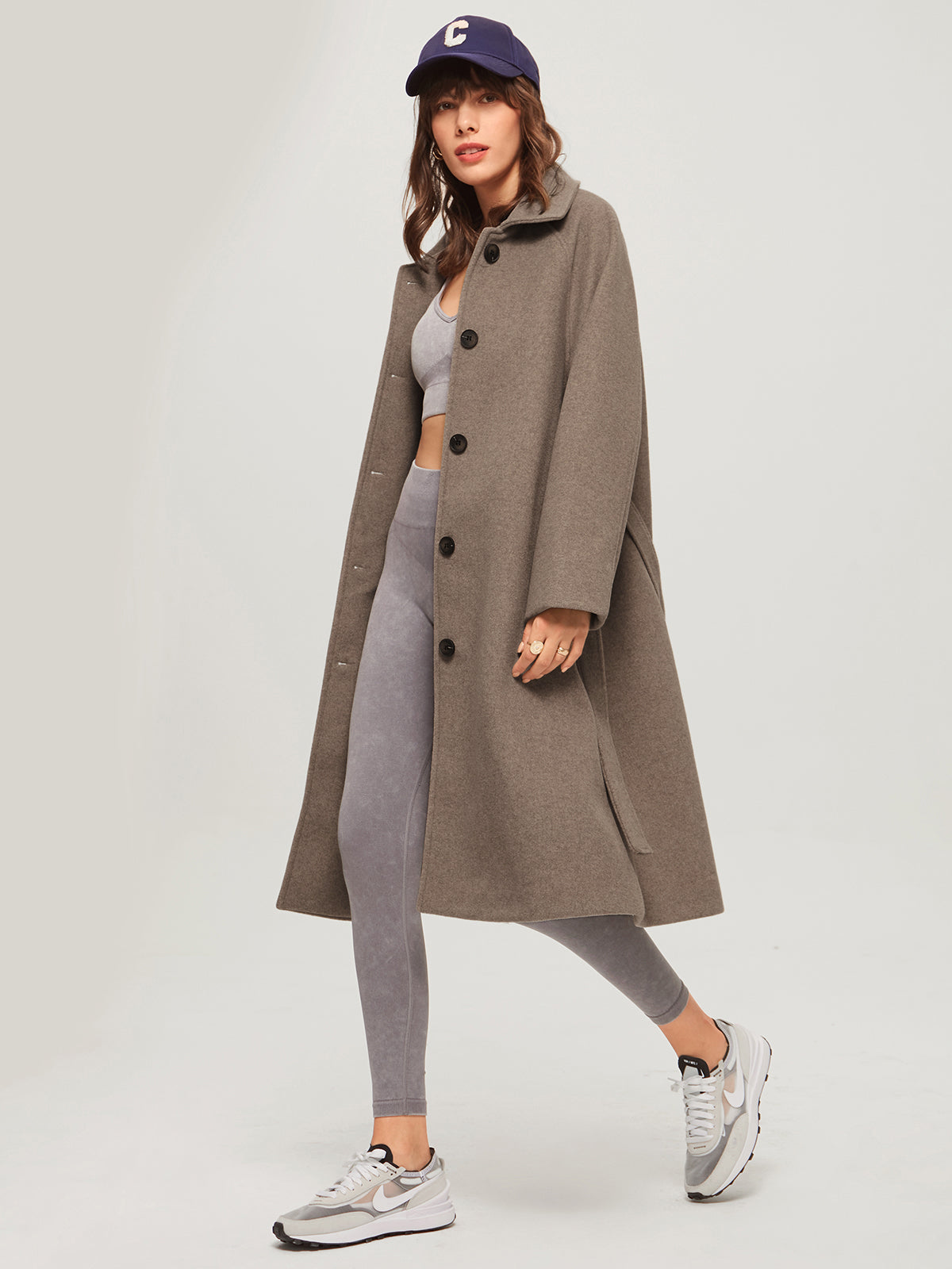 Oversized Brushed Belted Long Overcoat-Chicvia