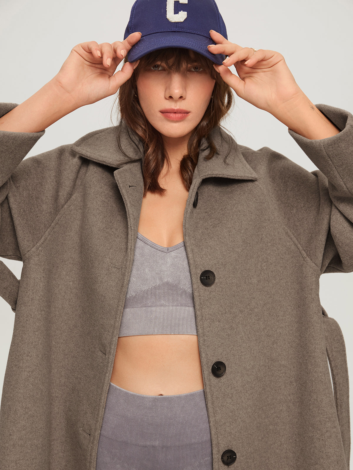 Oversized Brushed Belted Long Overcoat-Chicvia