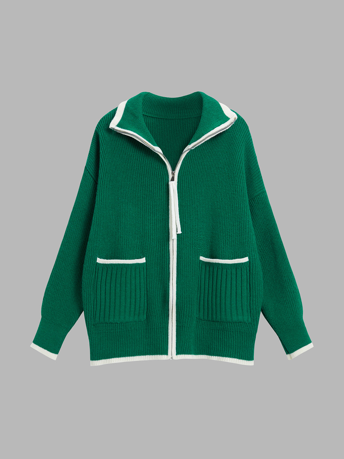 Oversized Loaf Zip Collared Cardigan-Chicvia