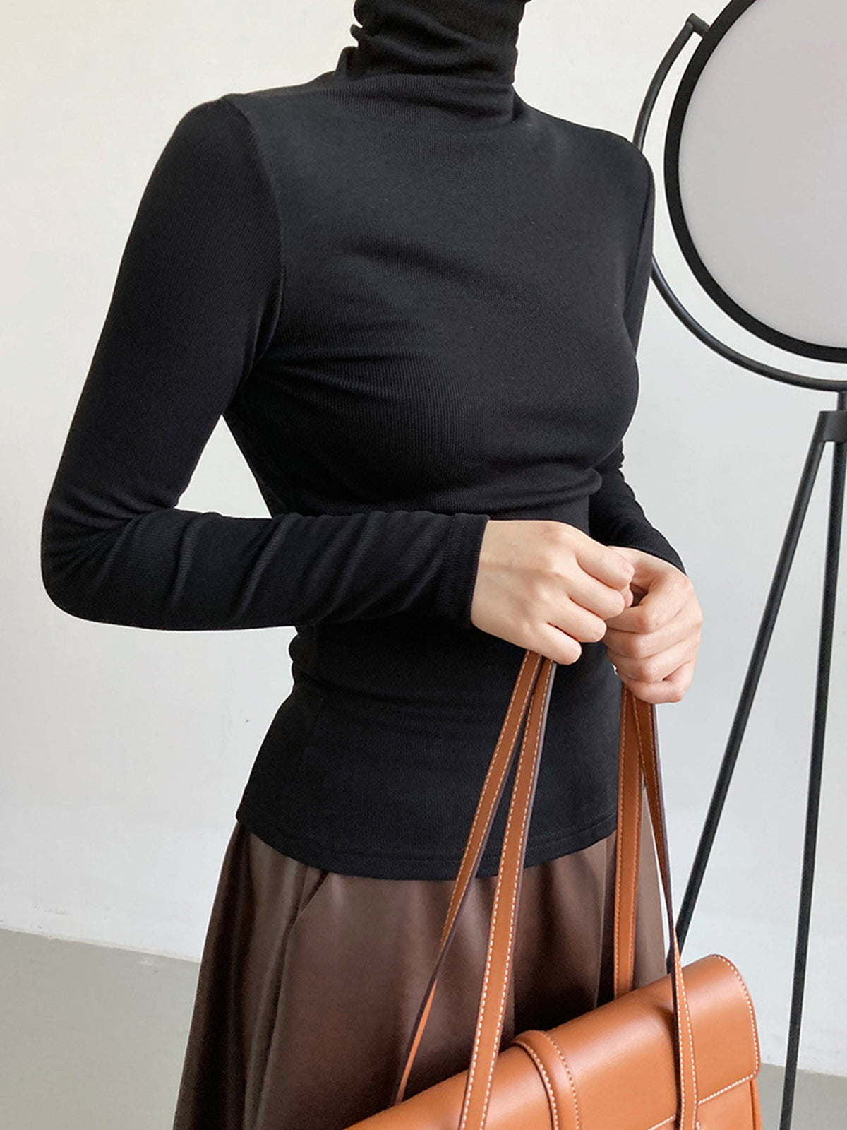 Casual Ribbed Turtleneck Shirt-Chicvia