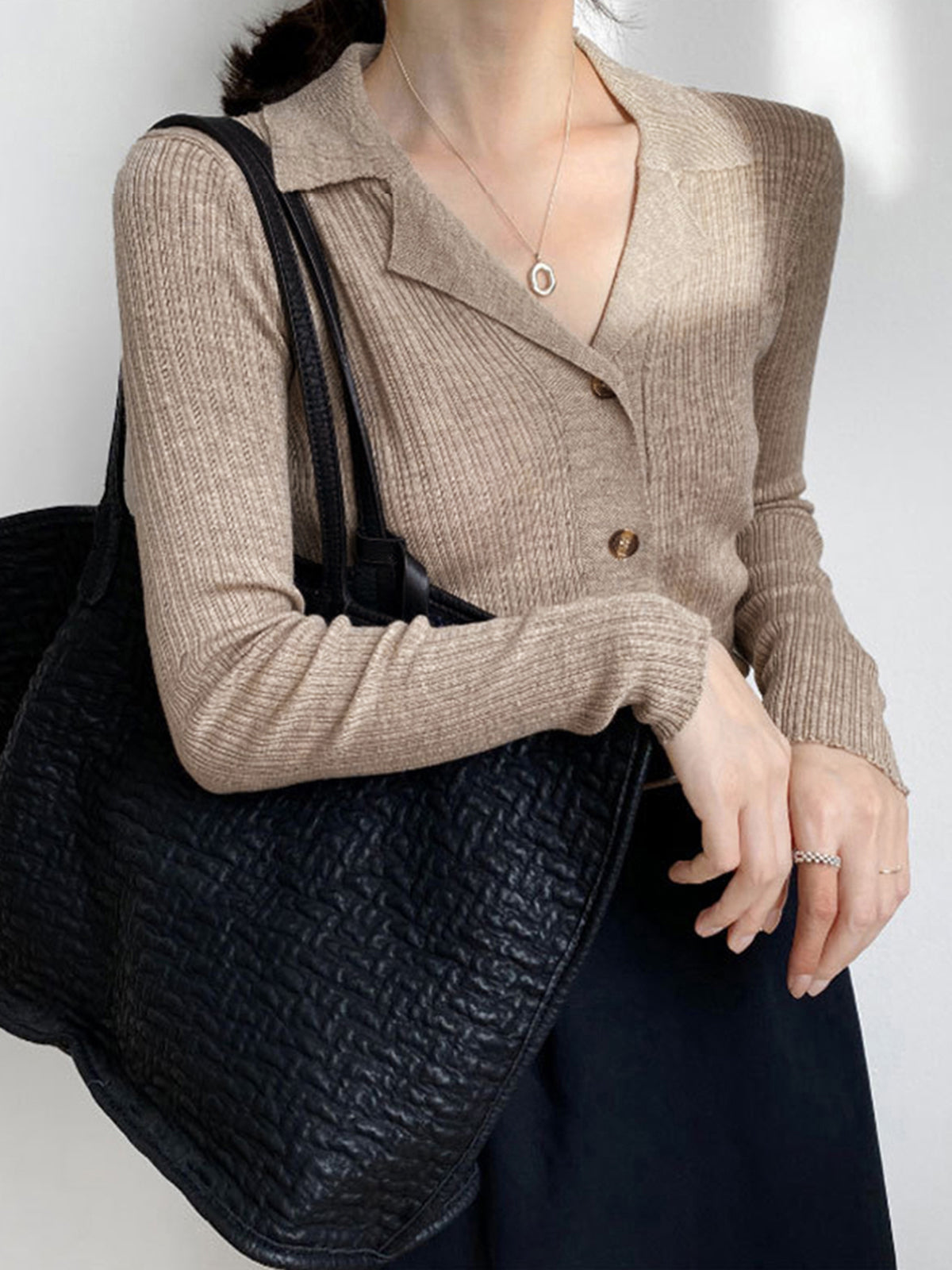 Button Up Collared Knit Top-Chicvia