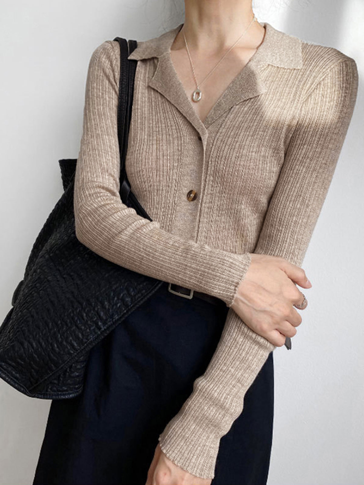 Button Up Collared Knit Top-Chicvia