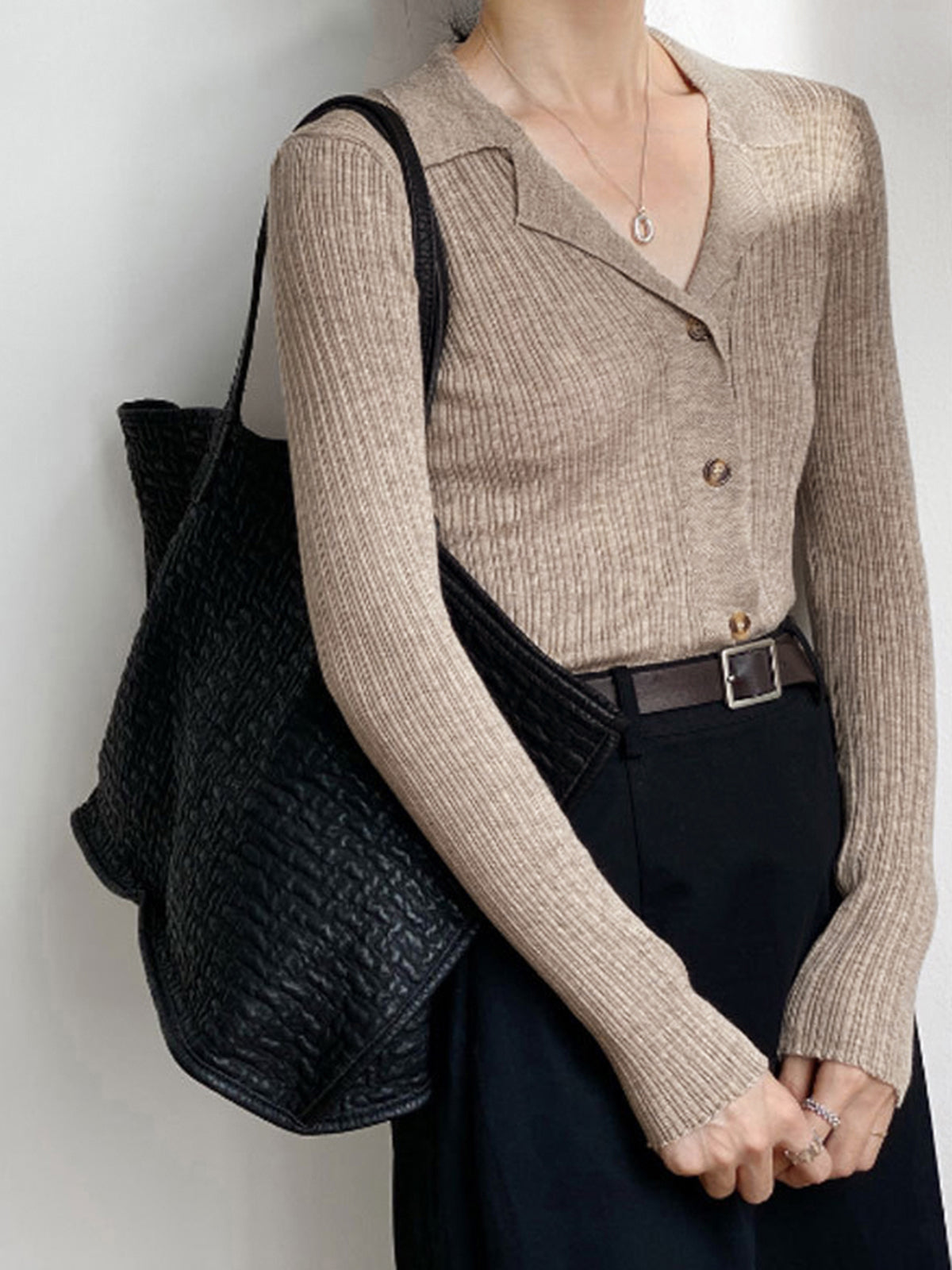 Button Up Collared Knit Top-Chicvia