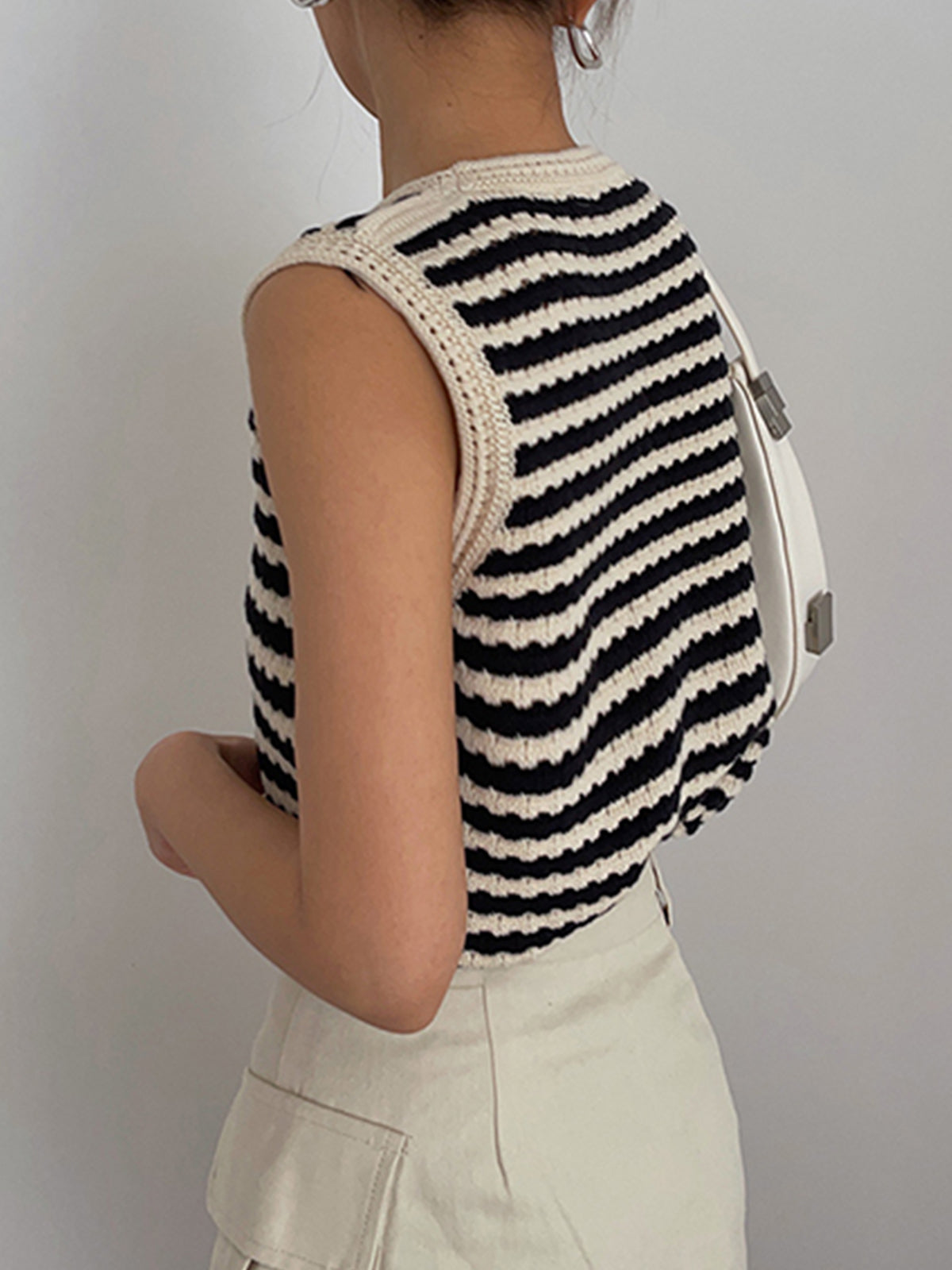 Classy Stripe Crochet Sweater Vest-Chicvia