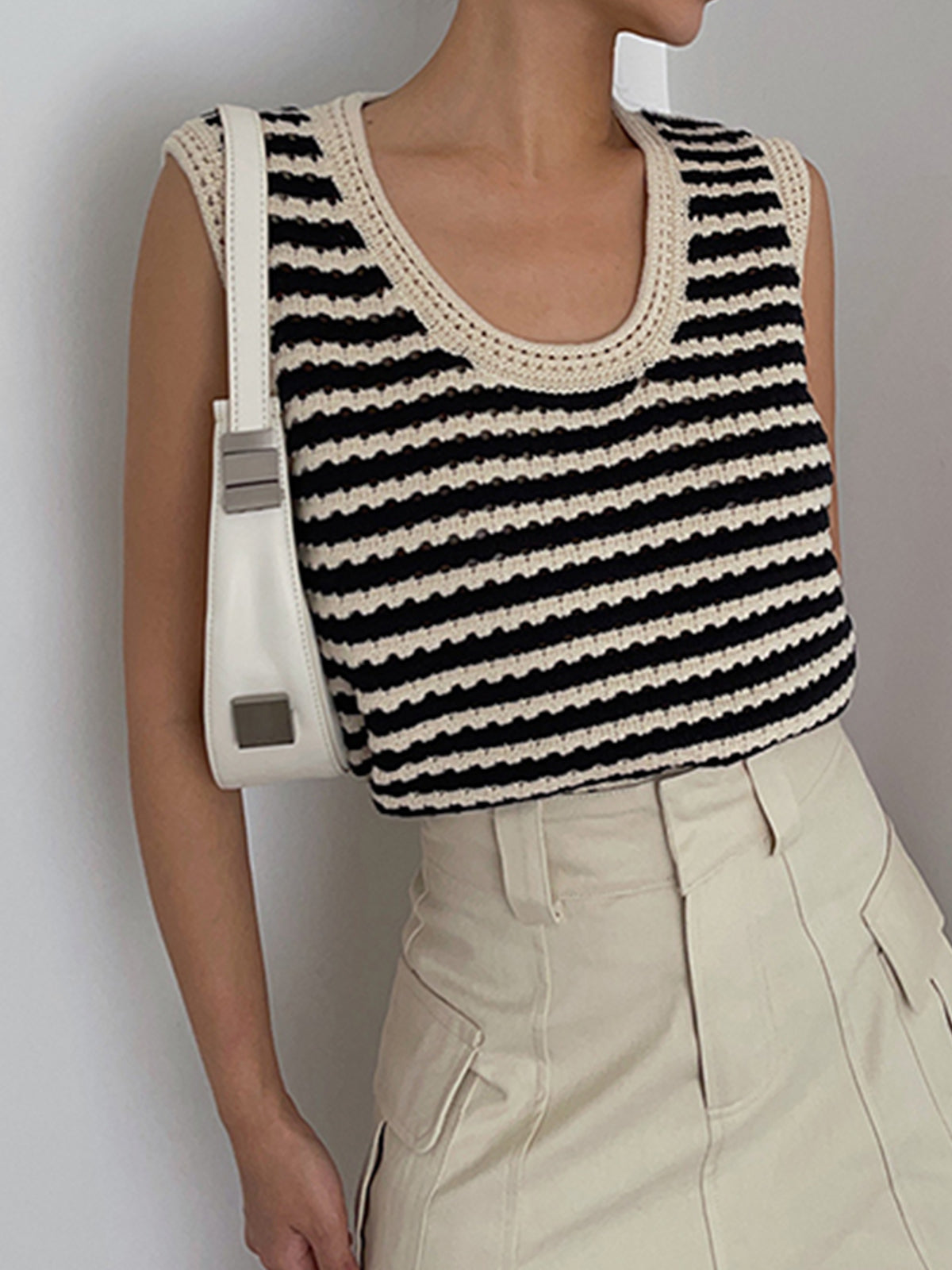 Classy Stripe Crochet Sweater Vest-Chicvia
