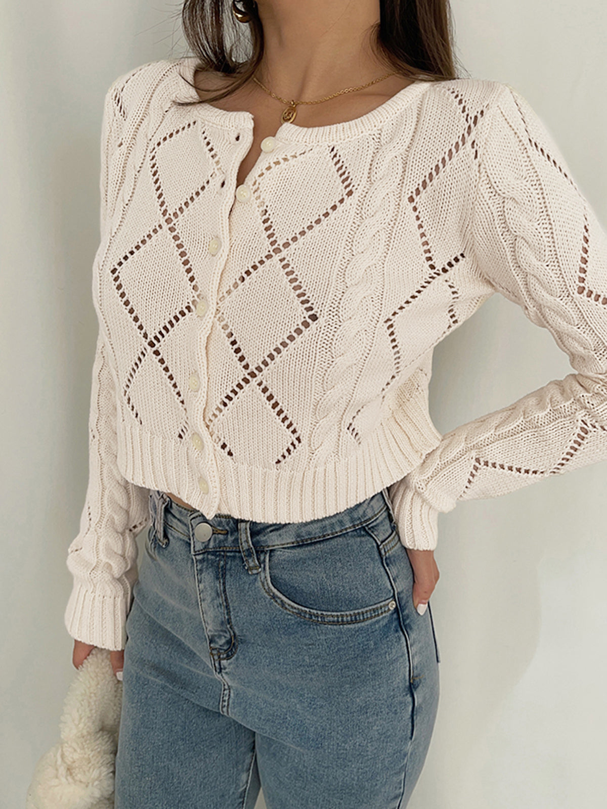 Diamonds Eyelet Button Up Knit Top-Chicvia
