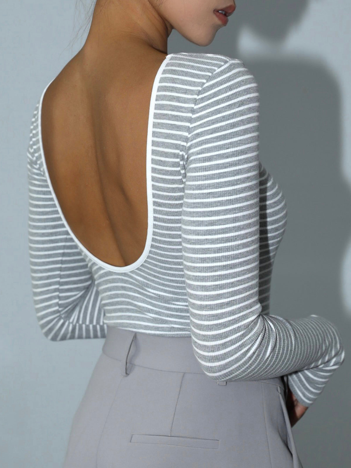 Open Back Stripe Long Sleeve Bodysuit-Chicvia