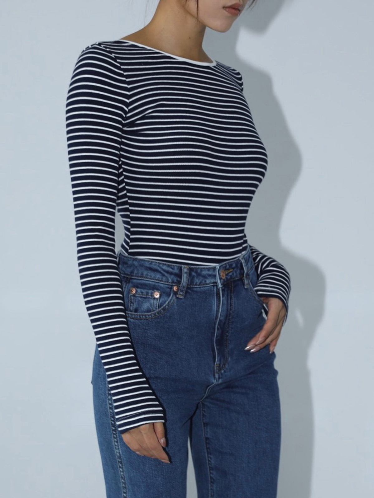 Open Back Stripe Long Sleeve Bodysuit-Chicvia