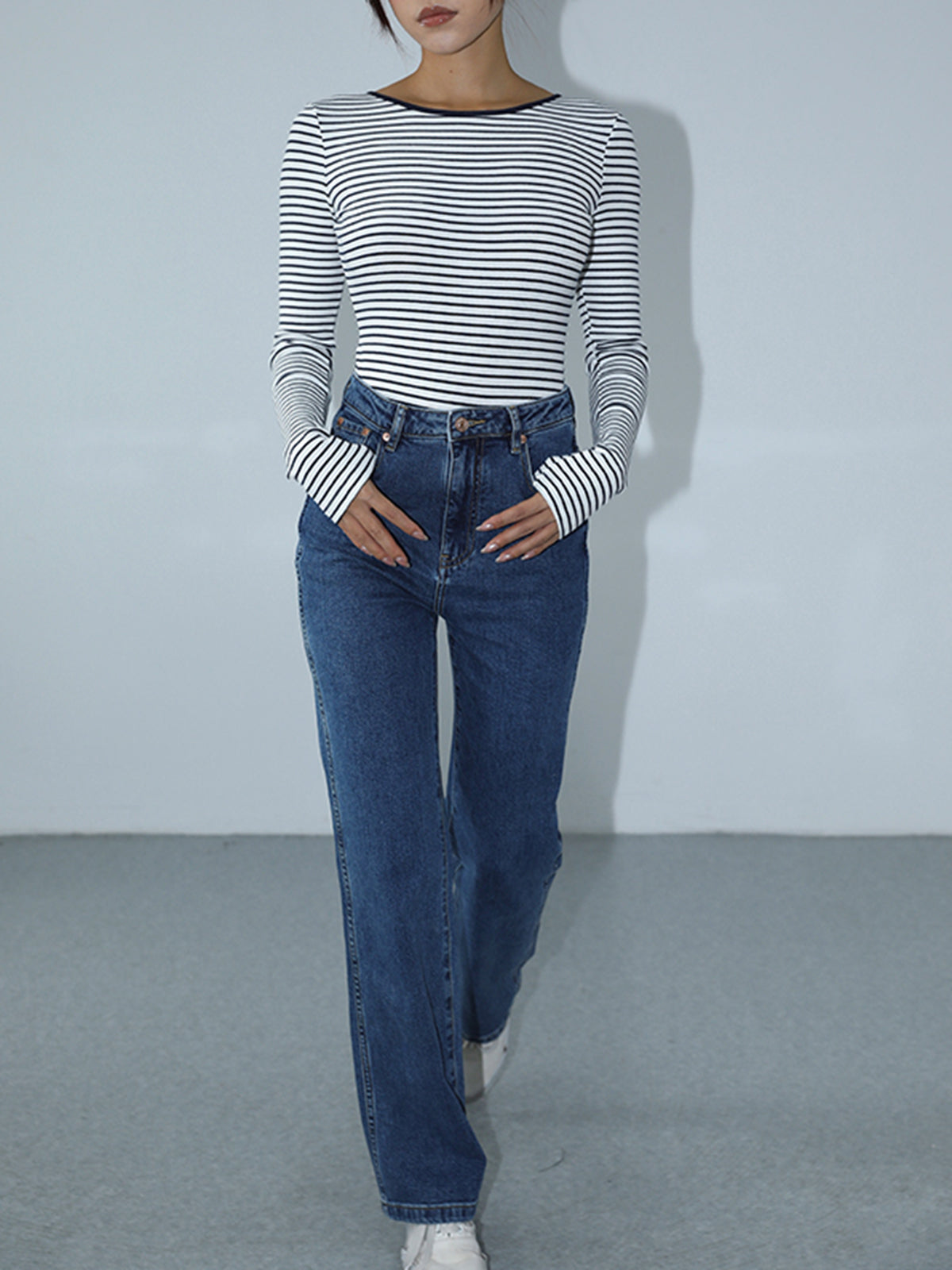 Open Back Stripe Long Sleeve Bodysuit-Chicvia