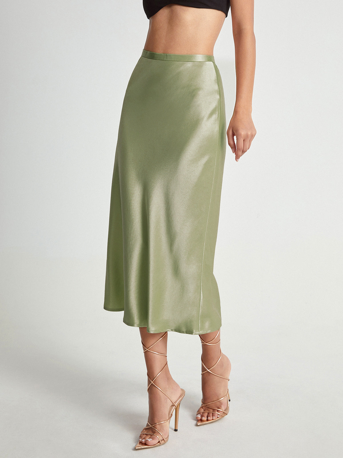High Waisted Satin Flowy Midi Skirt-Chicvia