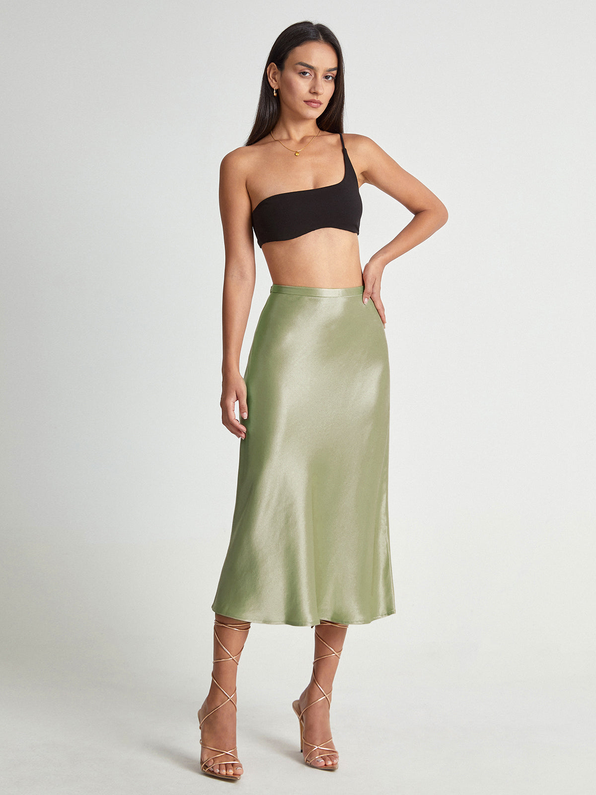 High Waisted Satin Flowy Midi Skirt-Chicvia