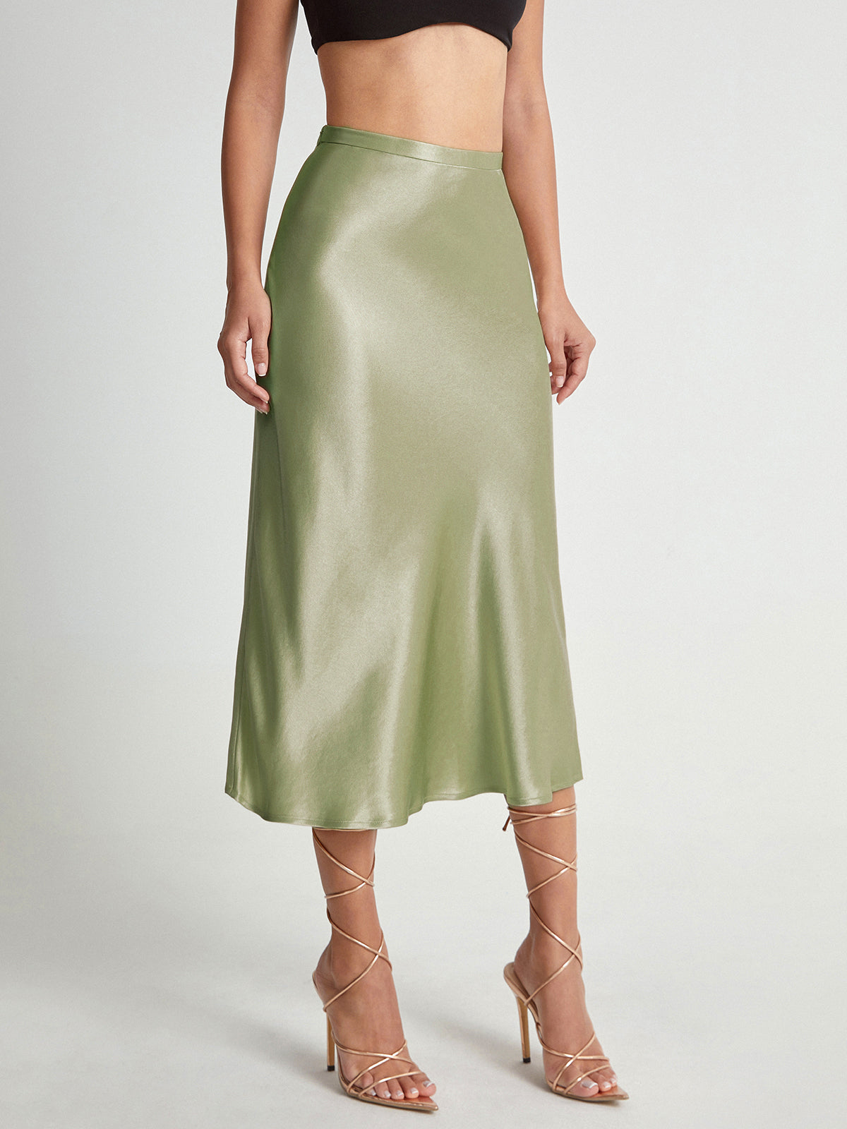 High Waisted Satin Flowy Midi Skirt-Chicvia