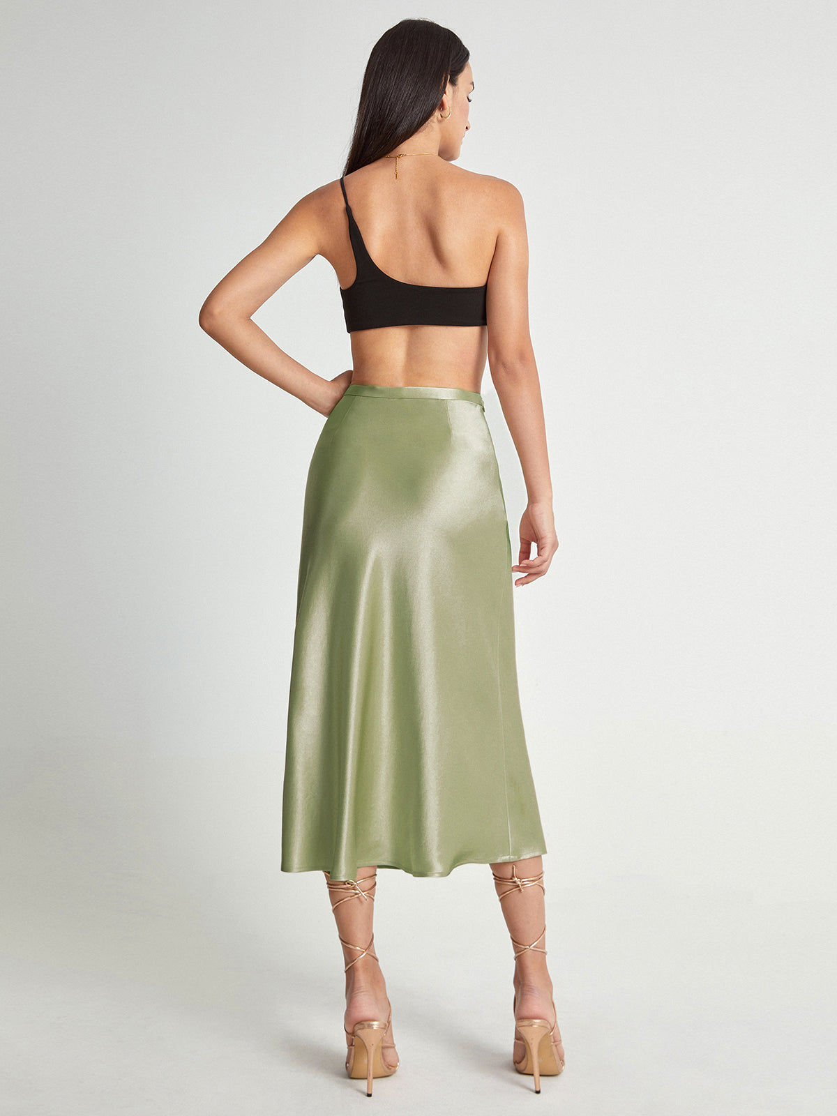 High Waisted Satin Flowy Midi Skirt-Chicvia