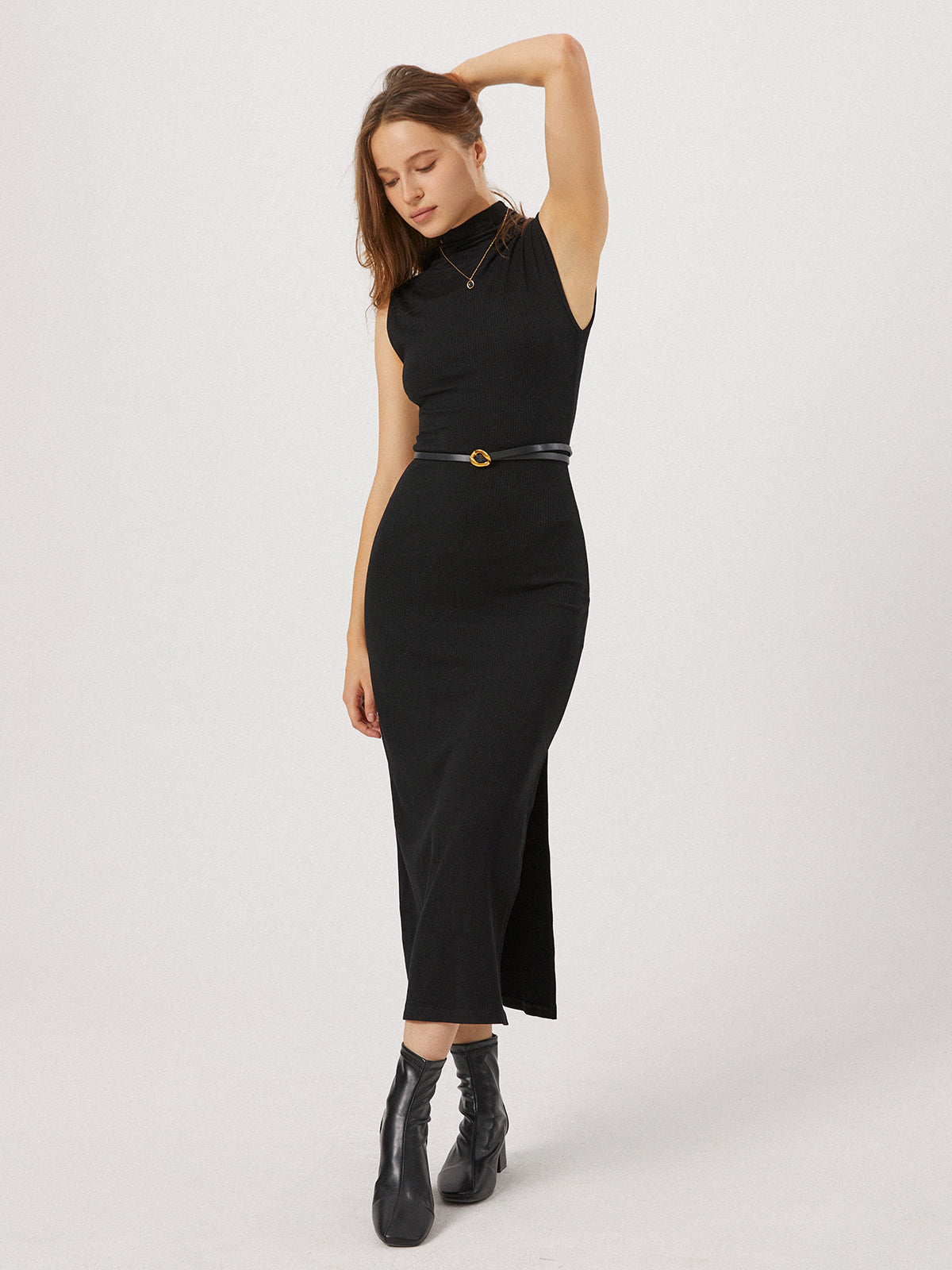 Opening Night Slit Mock Neck Long Dress-Chicvia