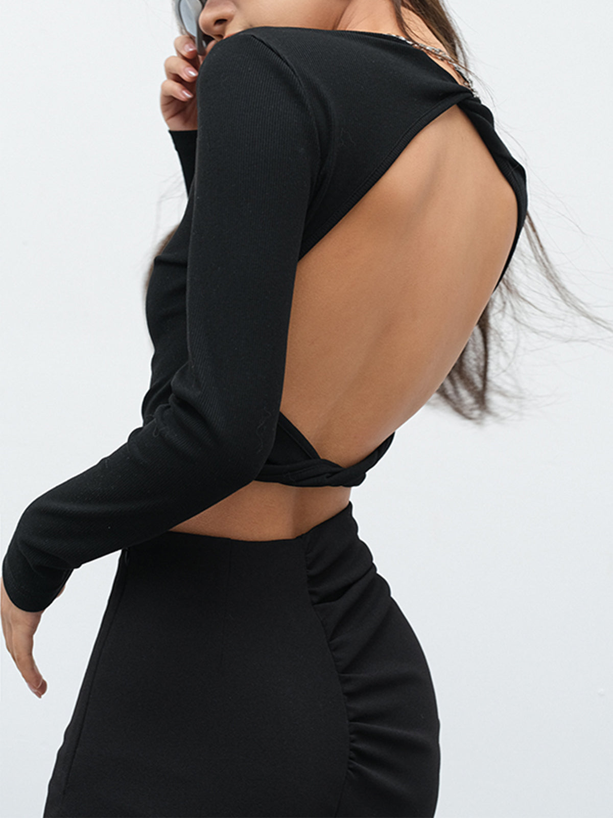 Open Back Twist Long Sleeve Crop Shirt-Chicvia