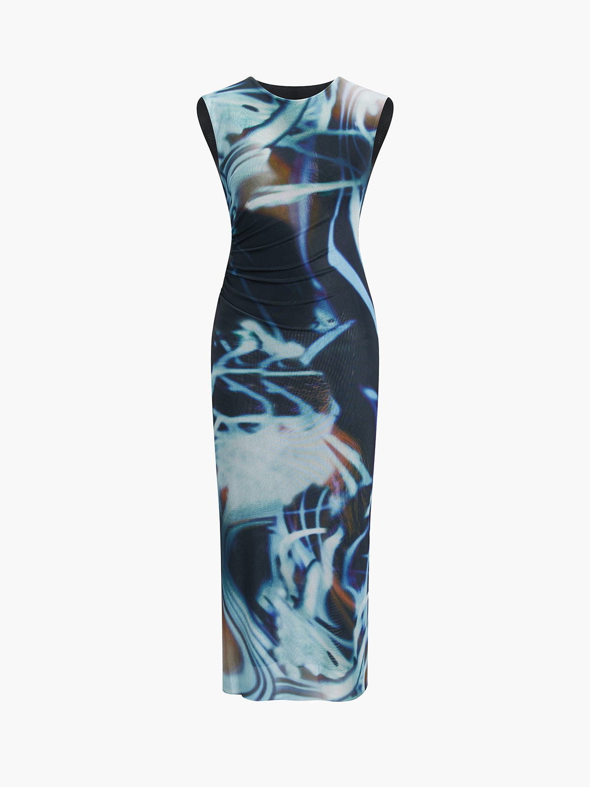 Cyber Waves Mesh Ruched Midi Dress-Chicvia