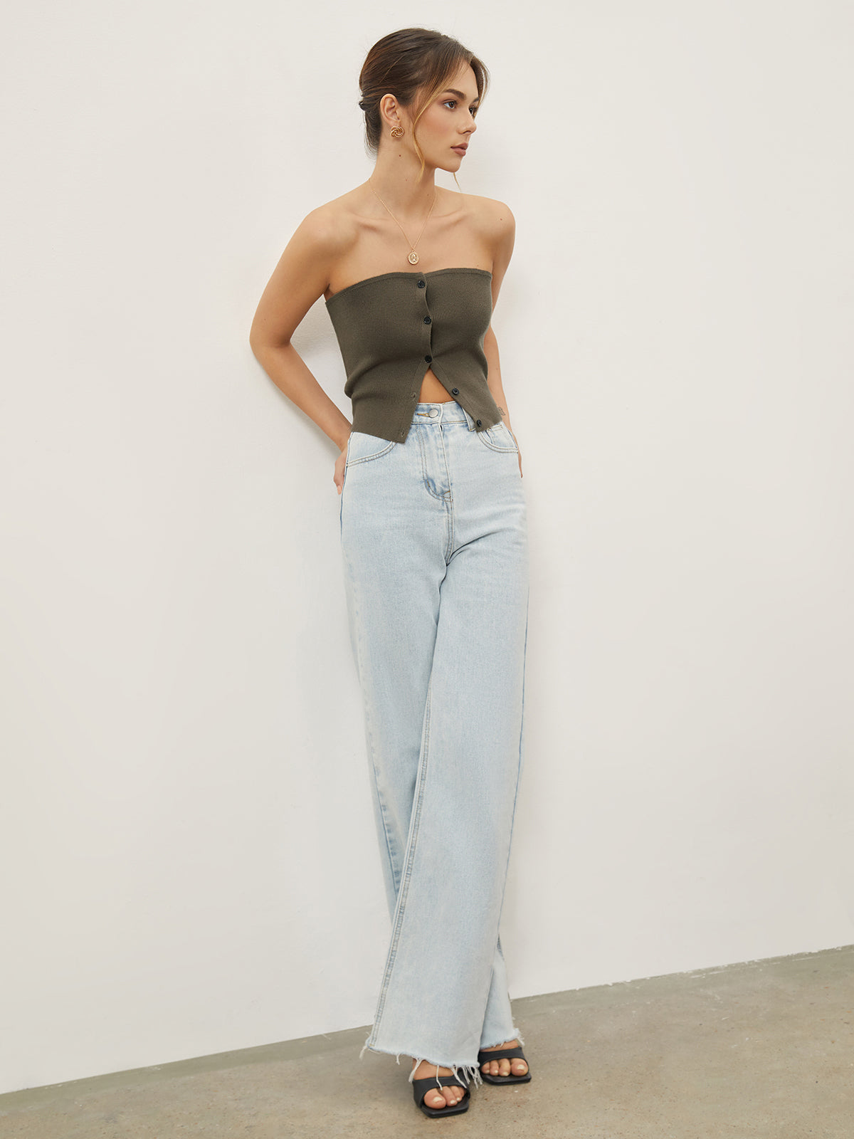 Button Down Knit Crop Strapeless Tube Top-Chicvia