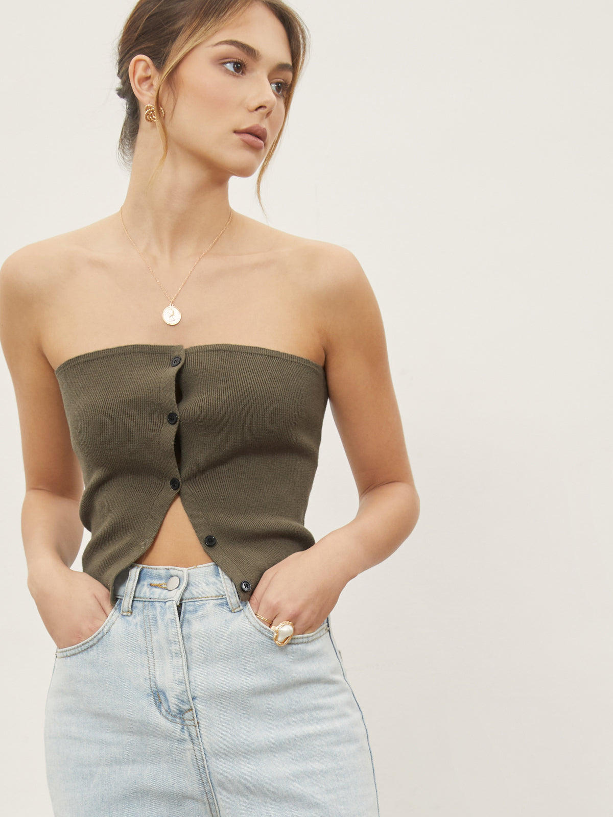 Button Down Knit Crop Strapeless Tube Top-Chicvia