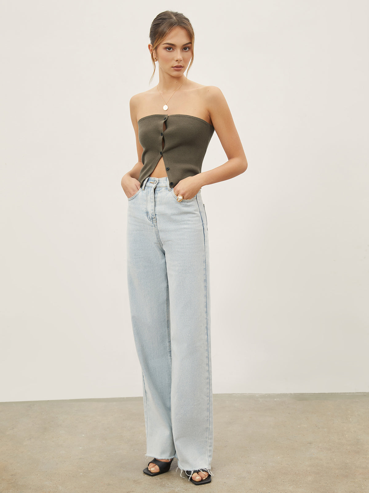 Button Down Knit Crop Strapeless Tube Top-Chicvia