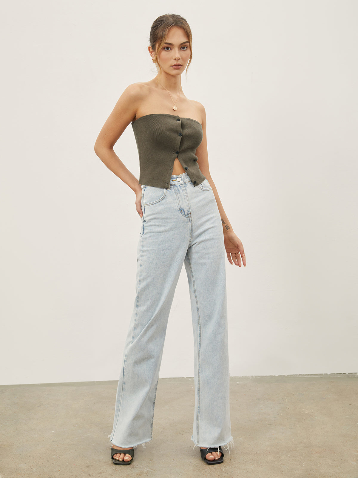 Button Down Knit Crop Strapeless Tube Top-Chicvia