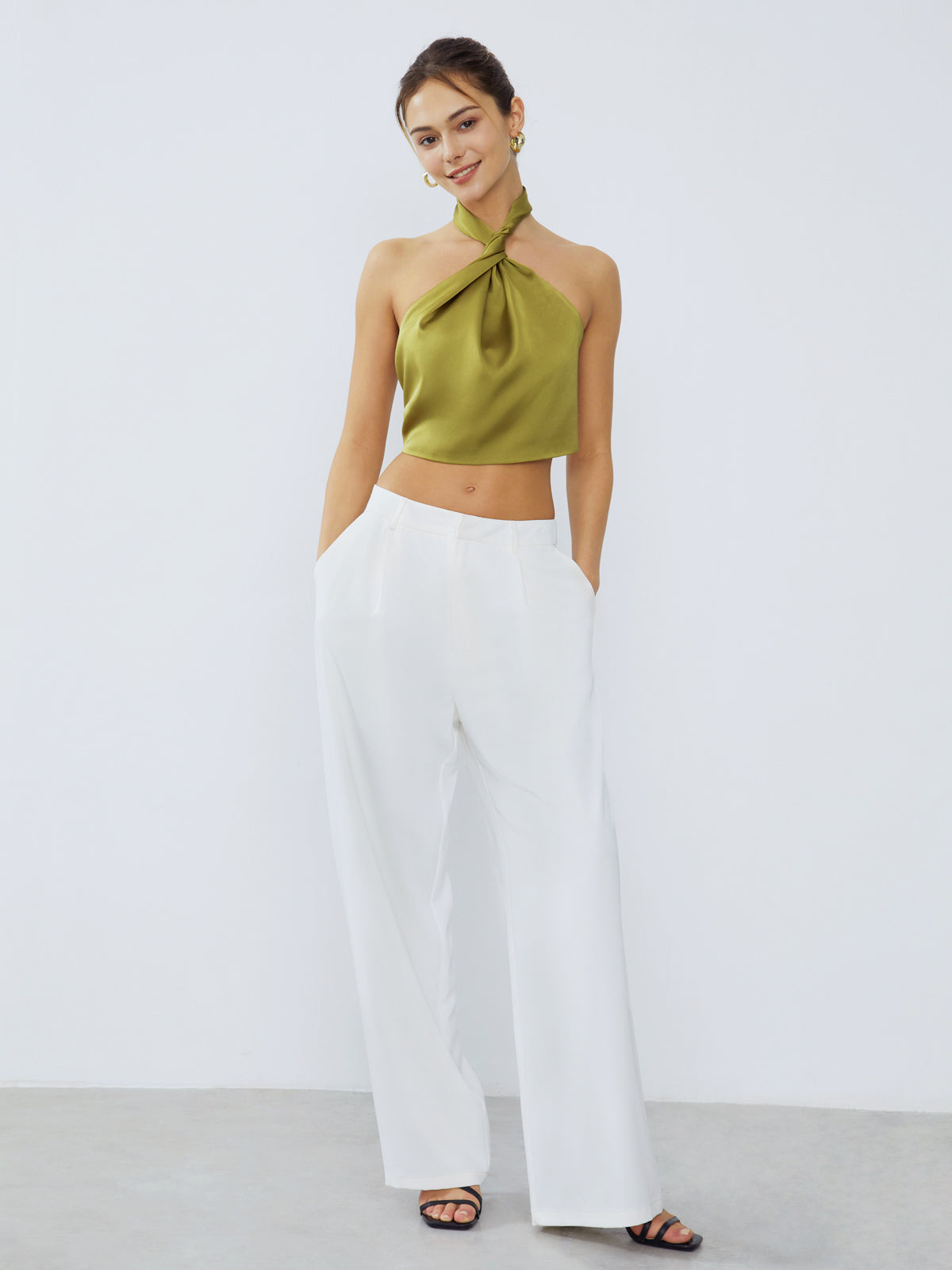 Halter Neck Twist Open Back Satin Crop Top-Chicvia