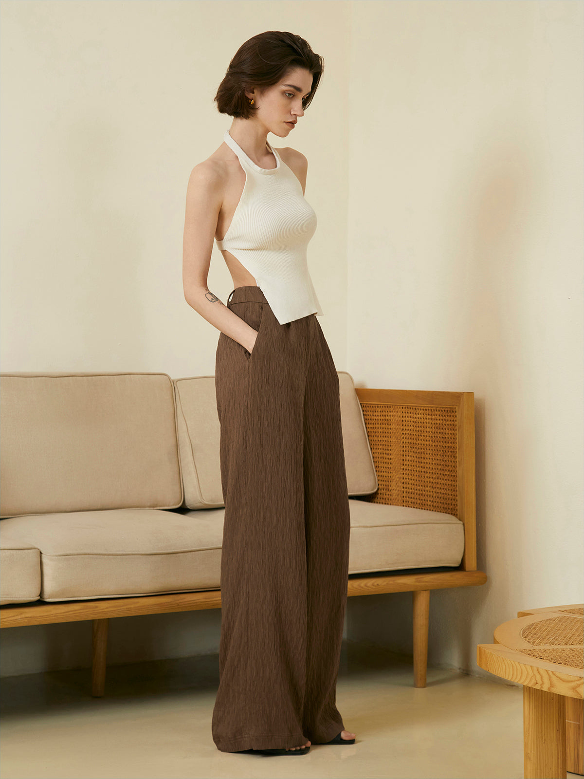 Halter Neck Open Back Knit Top-Chicvia