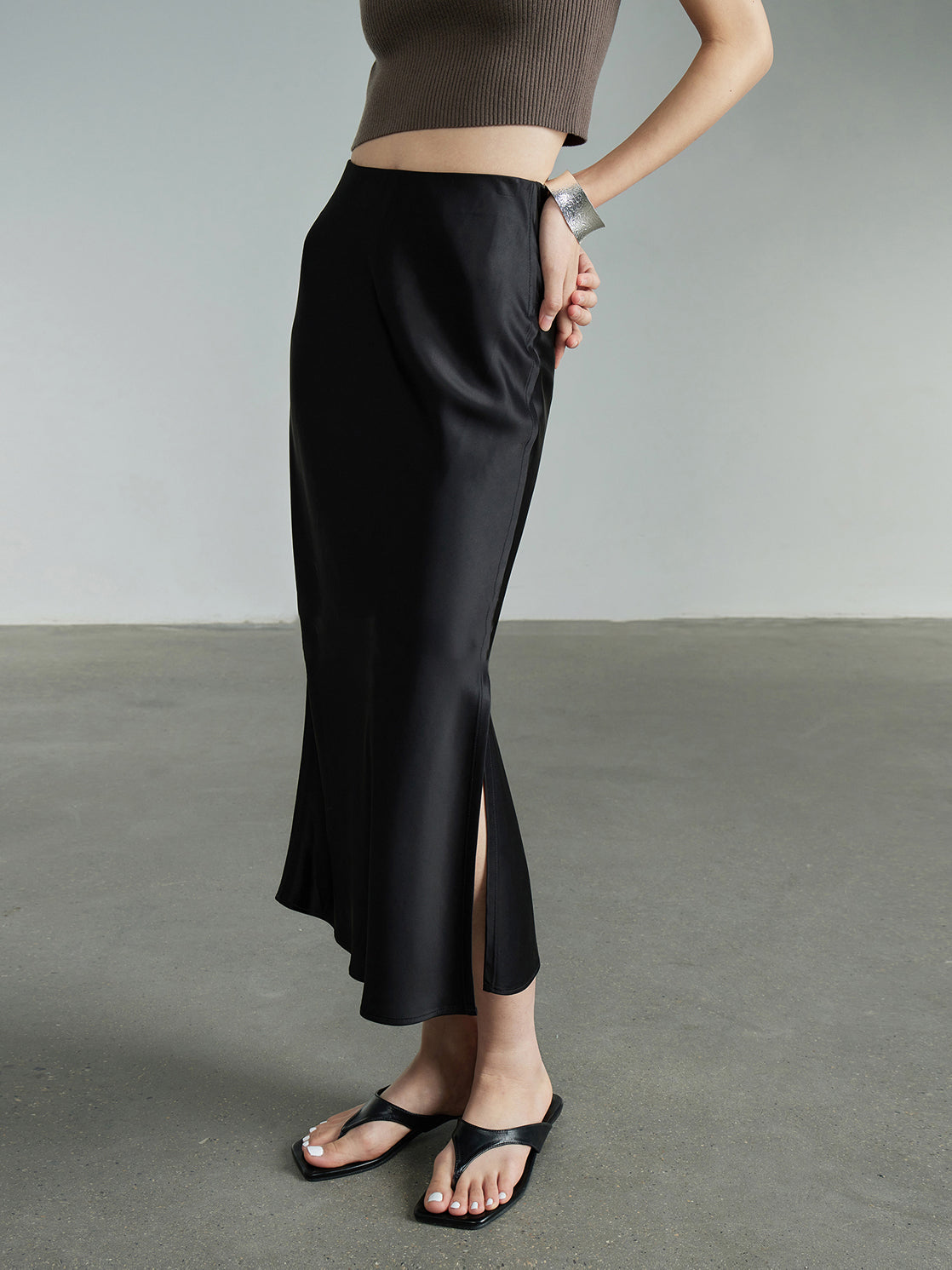 Flowy Satin Midi Skirt-Chicvia