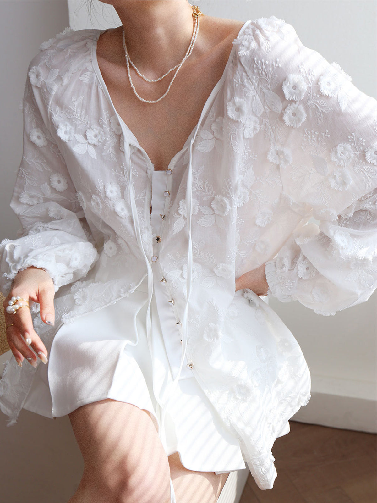 Oversized Semi-Sheer Embroidered Floral Blouse-Chicvia