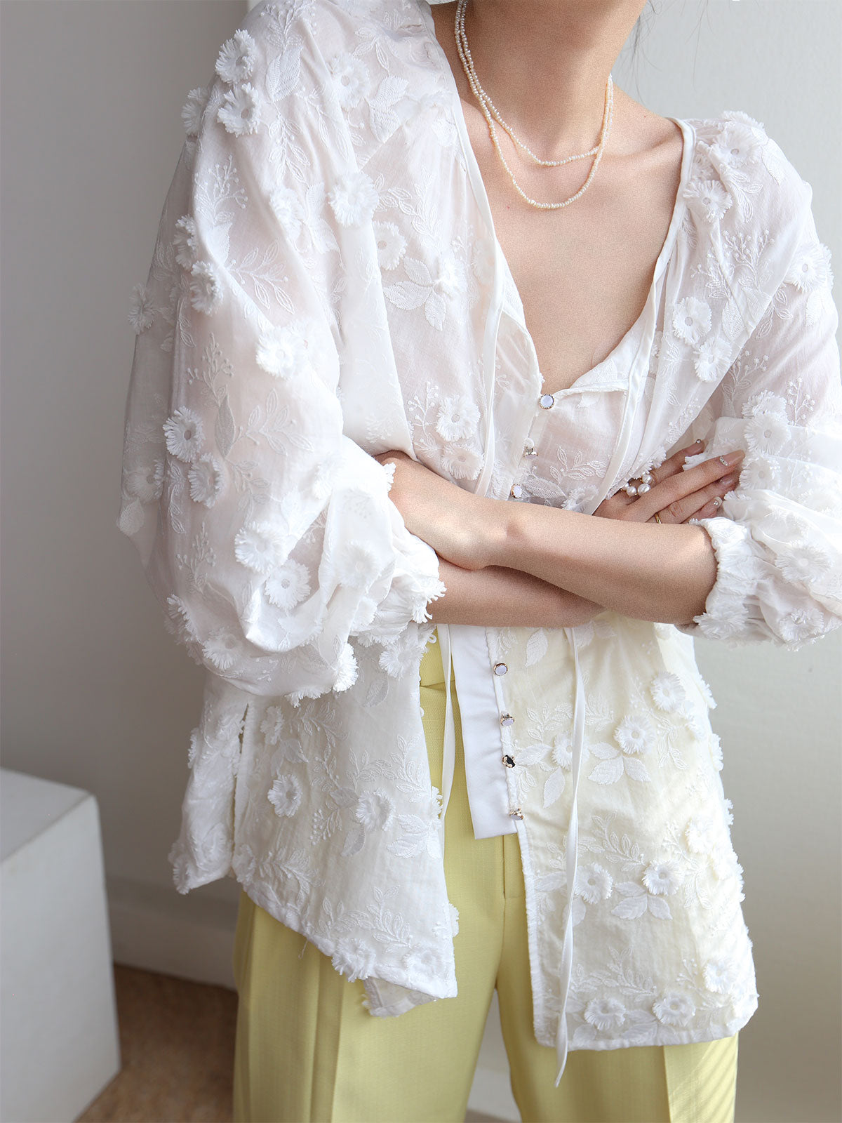 Oversized Semi-Sheer Embroidered Floral Blouse-Chicvia