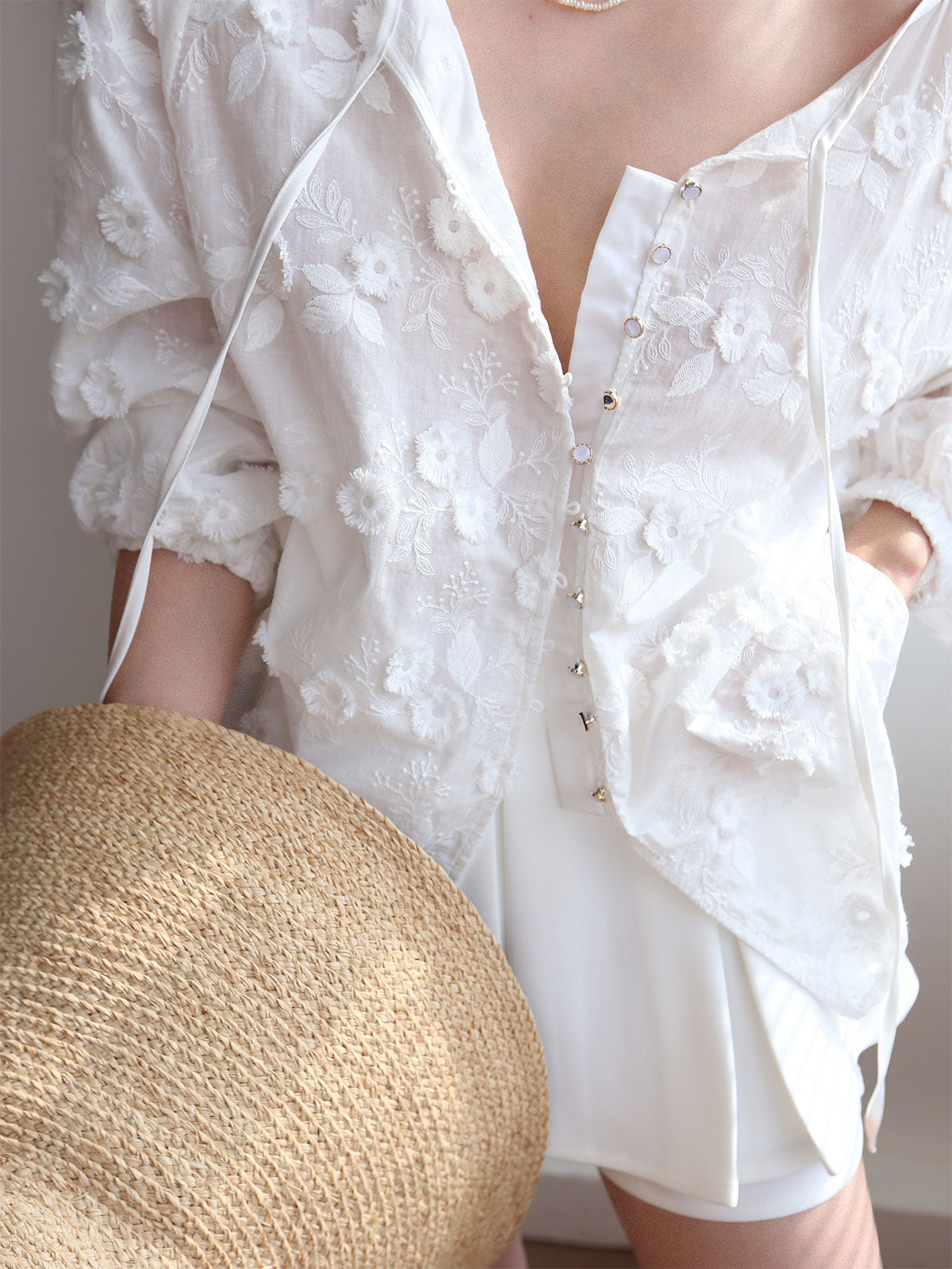 Oversized Semi-Sheer Embroidered Floral Blouse-Chicvia