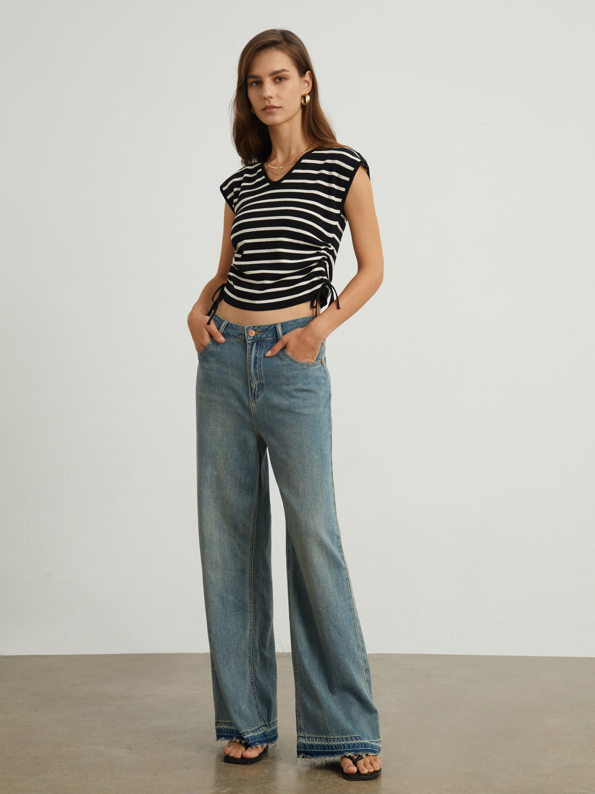 Cap Sleeve Stripe Drawstring Top-Chicvia