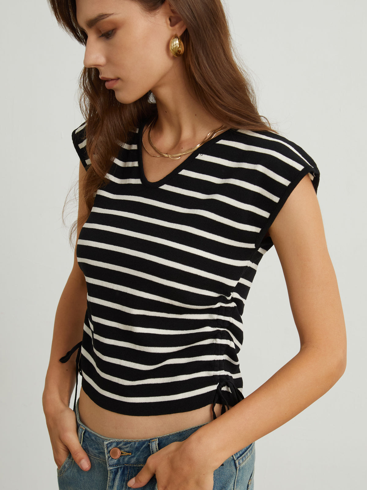 Cap Sleeve Stripe Drawstring Top-Chicvia