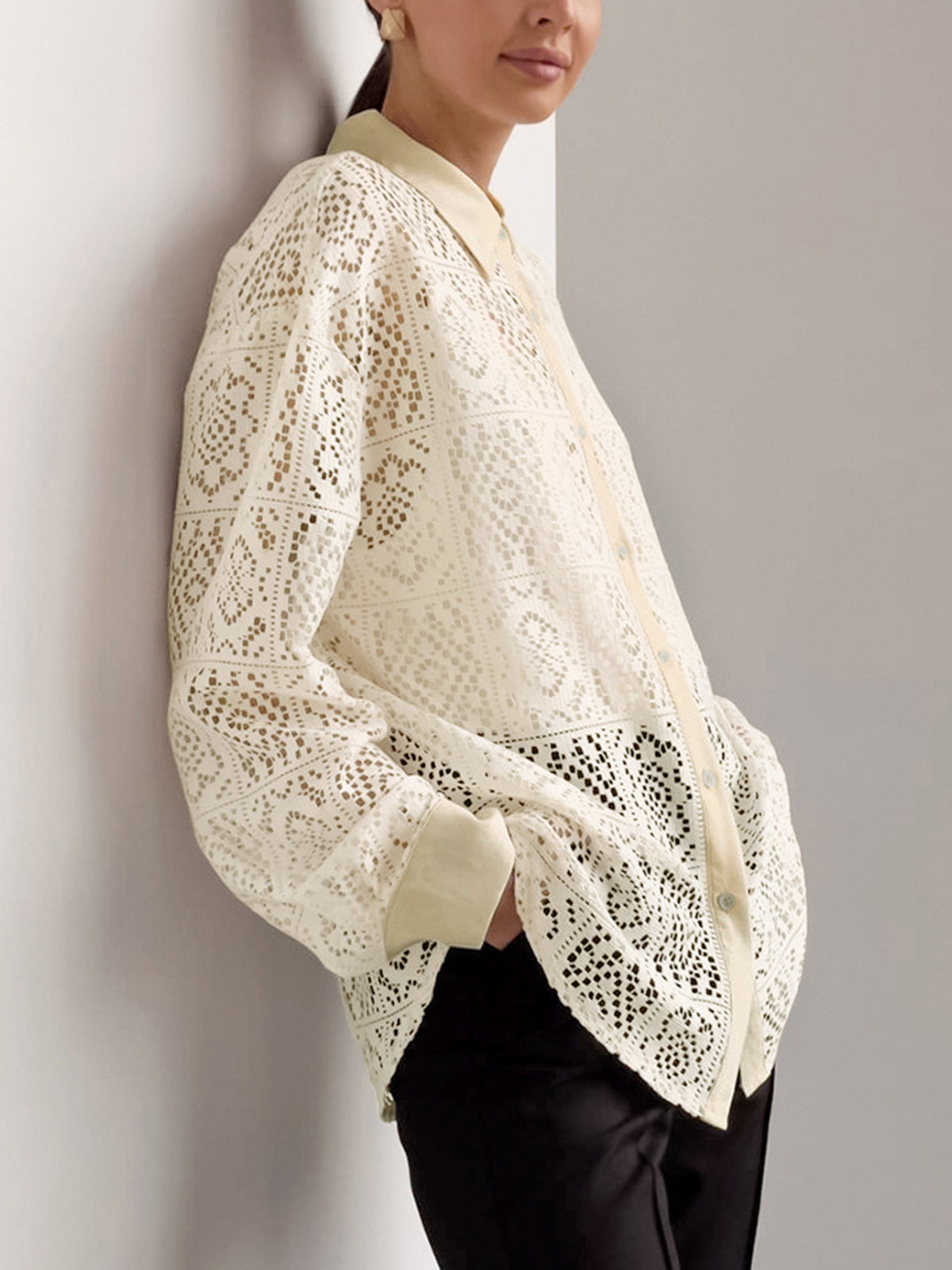 Oversized Semi-Sheer Eyelet Button Down Shirt-Chicvia