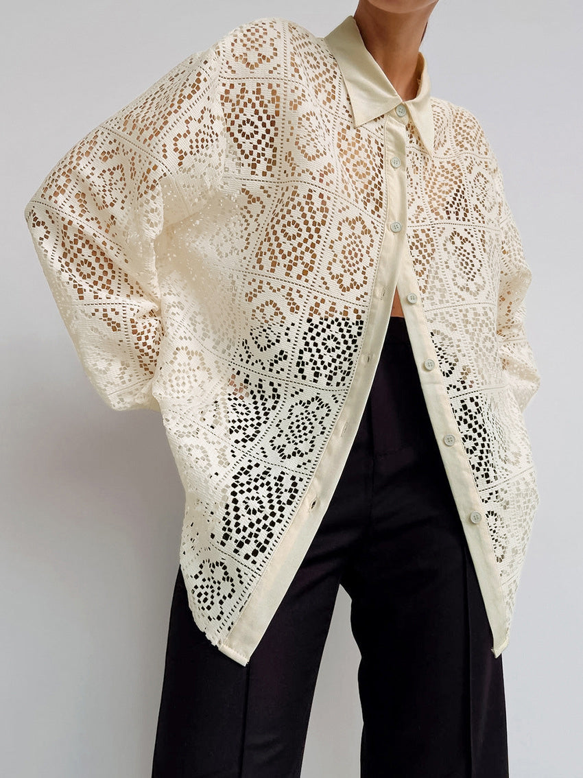 Oversized Semi-Sheer Eyelet Button Down Shirt-Chicvia
