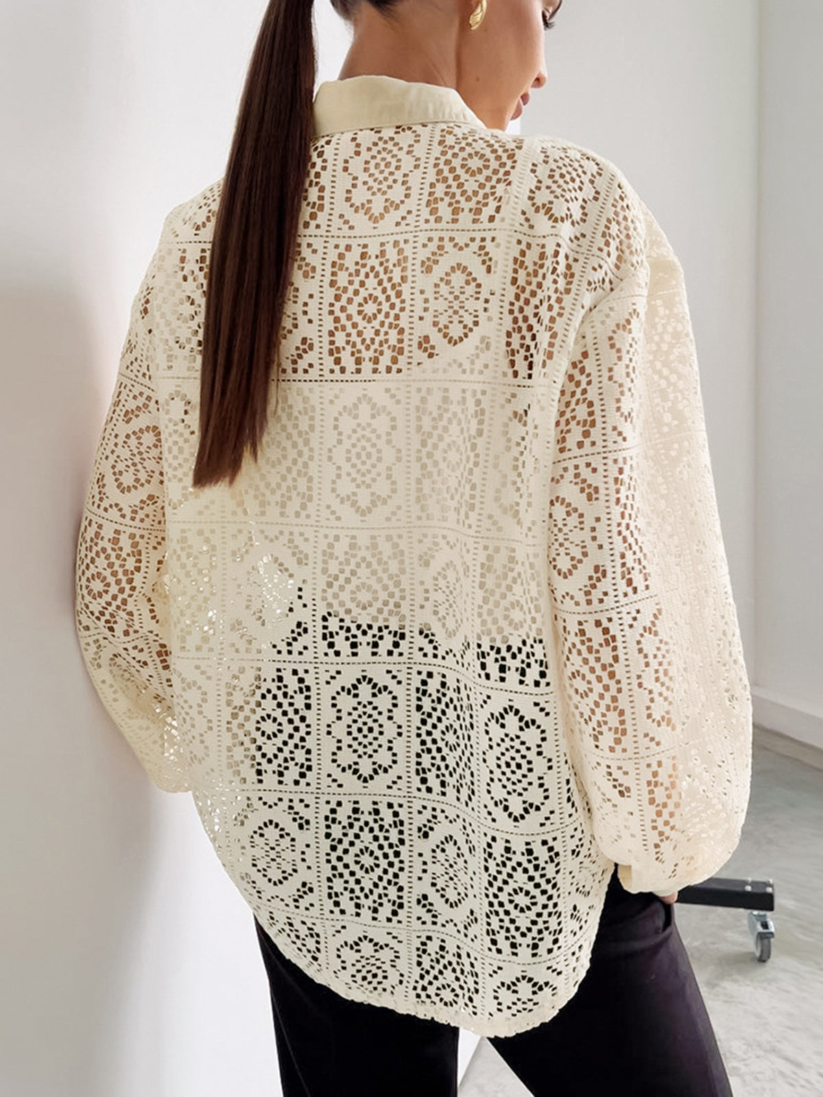 Oversized Semi-Sheer Eyelet Button Down Shirt-Chicvia