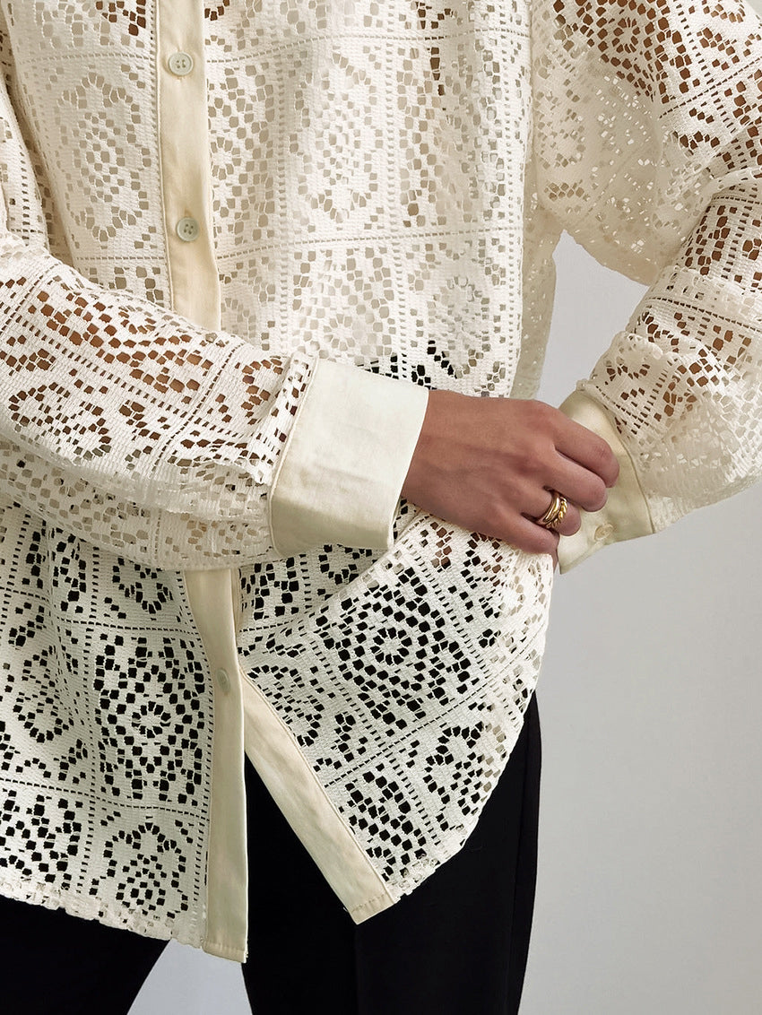 Oversized Semi-Sheer Eyelet Button Down Shirt-Chicvia