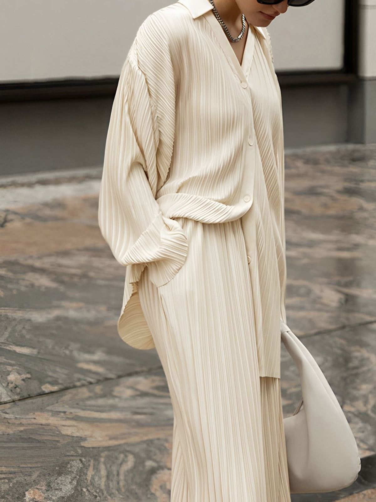 Oversized Leisure Pleat Pockets Two Piece Pants Set-Chicvia