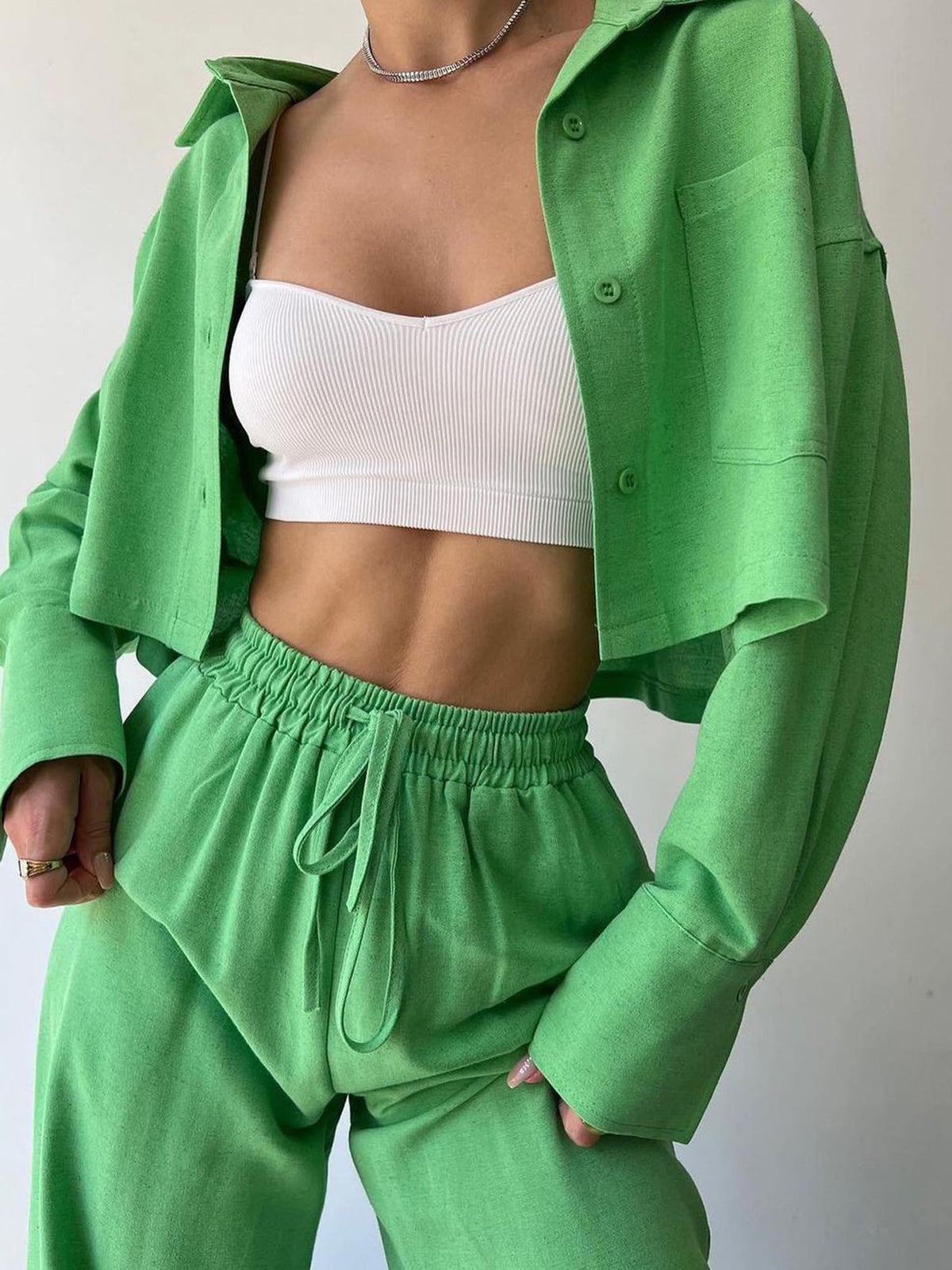 Collared Drawstring Two Piece Pants Set-Chicvia