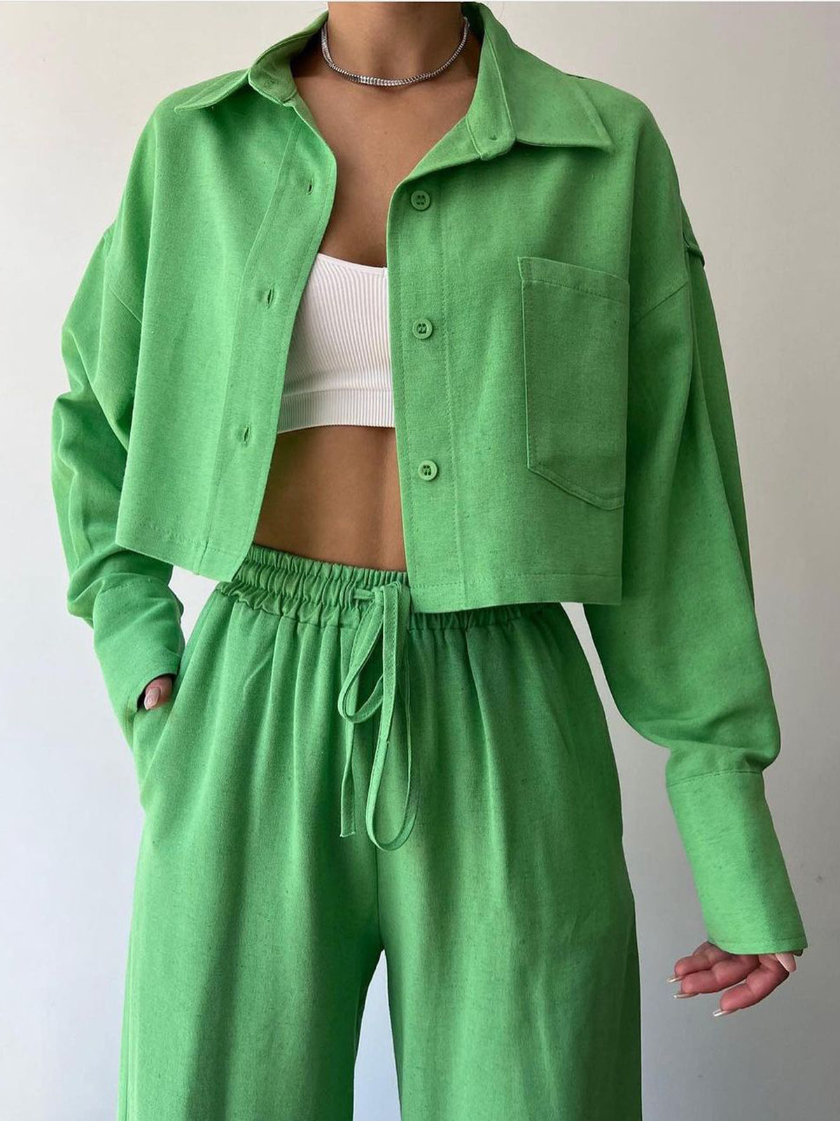 Collared Drawstring Two Piece Pants Set-Chicvia