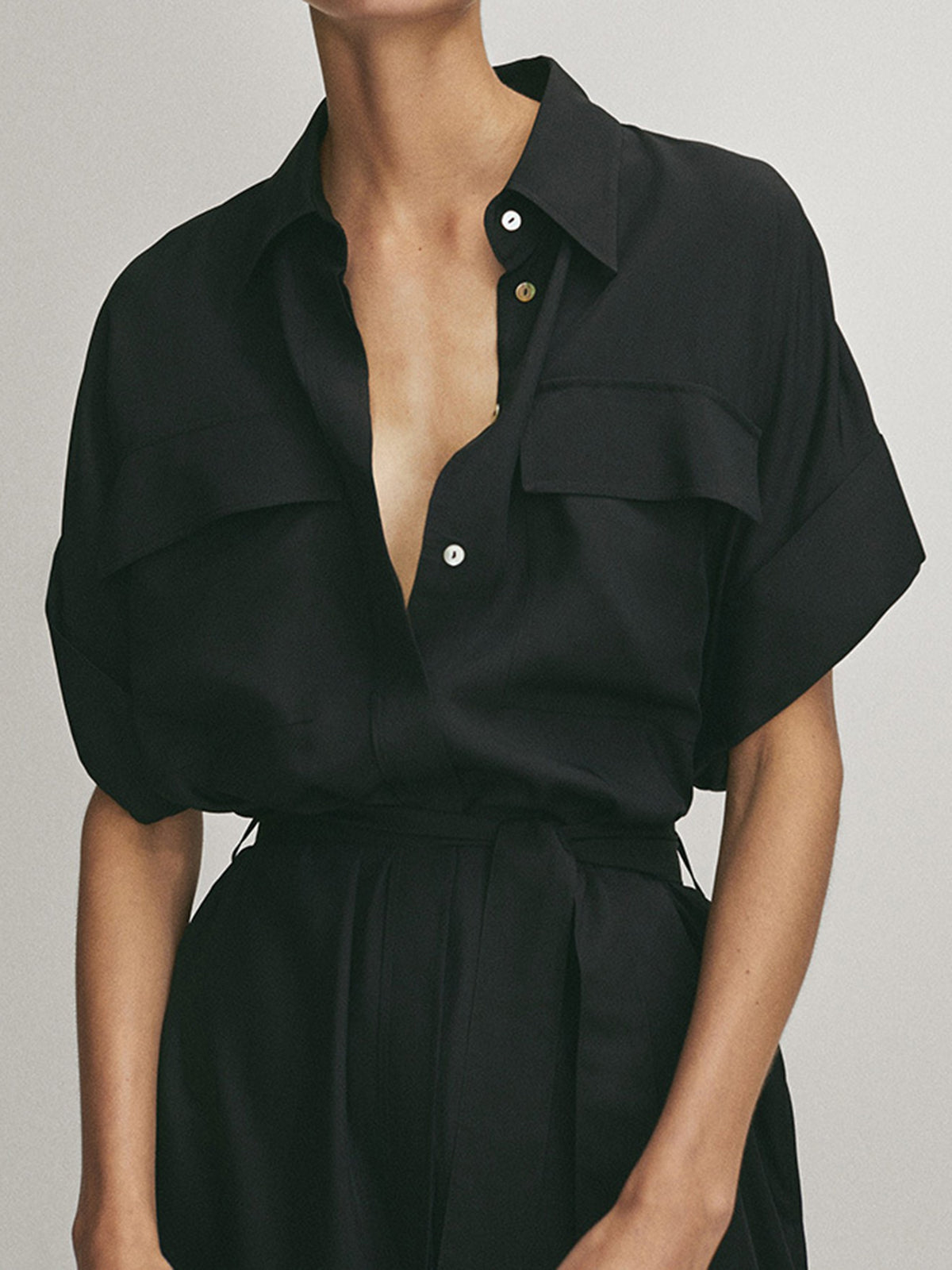 Polo Pockets Tied Midi Dress-Chicvia