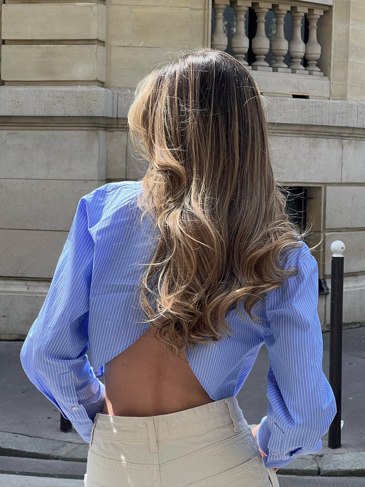 Pinstripe Open Back Crop Shirt-Chicvia