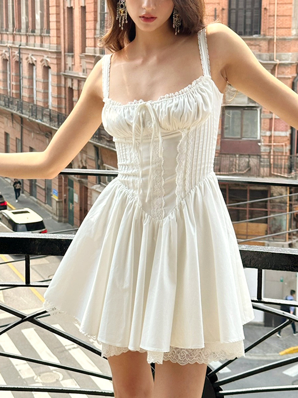 Coastal Cowgirl Lace Trim Corset Short Dress-Chicvia