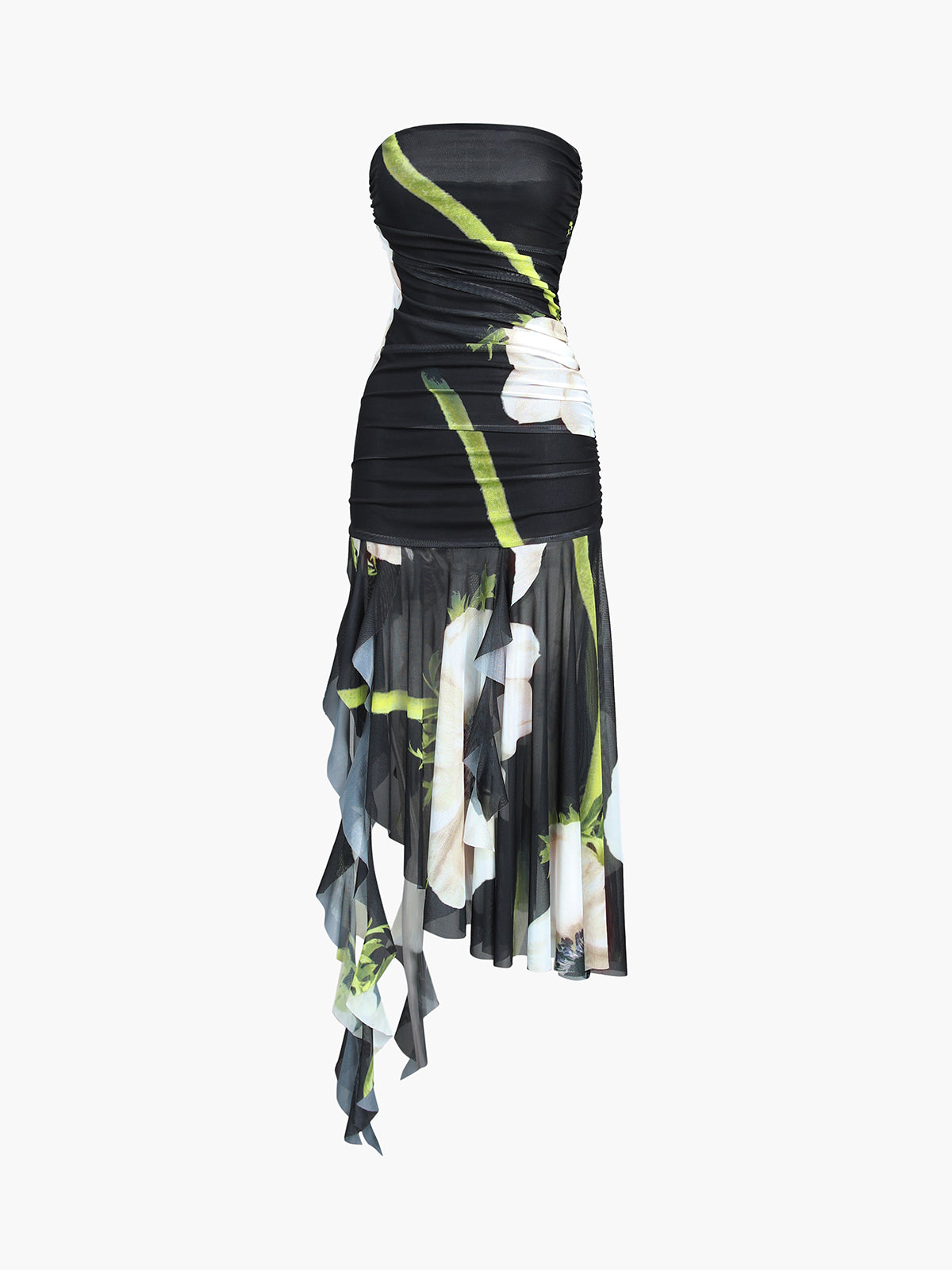 Gardenia Floral Mesh Pleat Tube Midi Dress-Chicvia