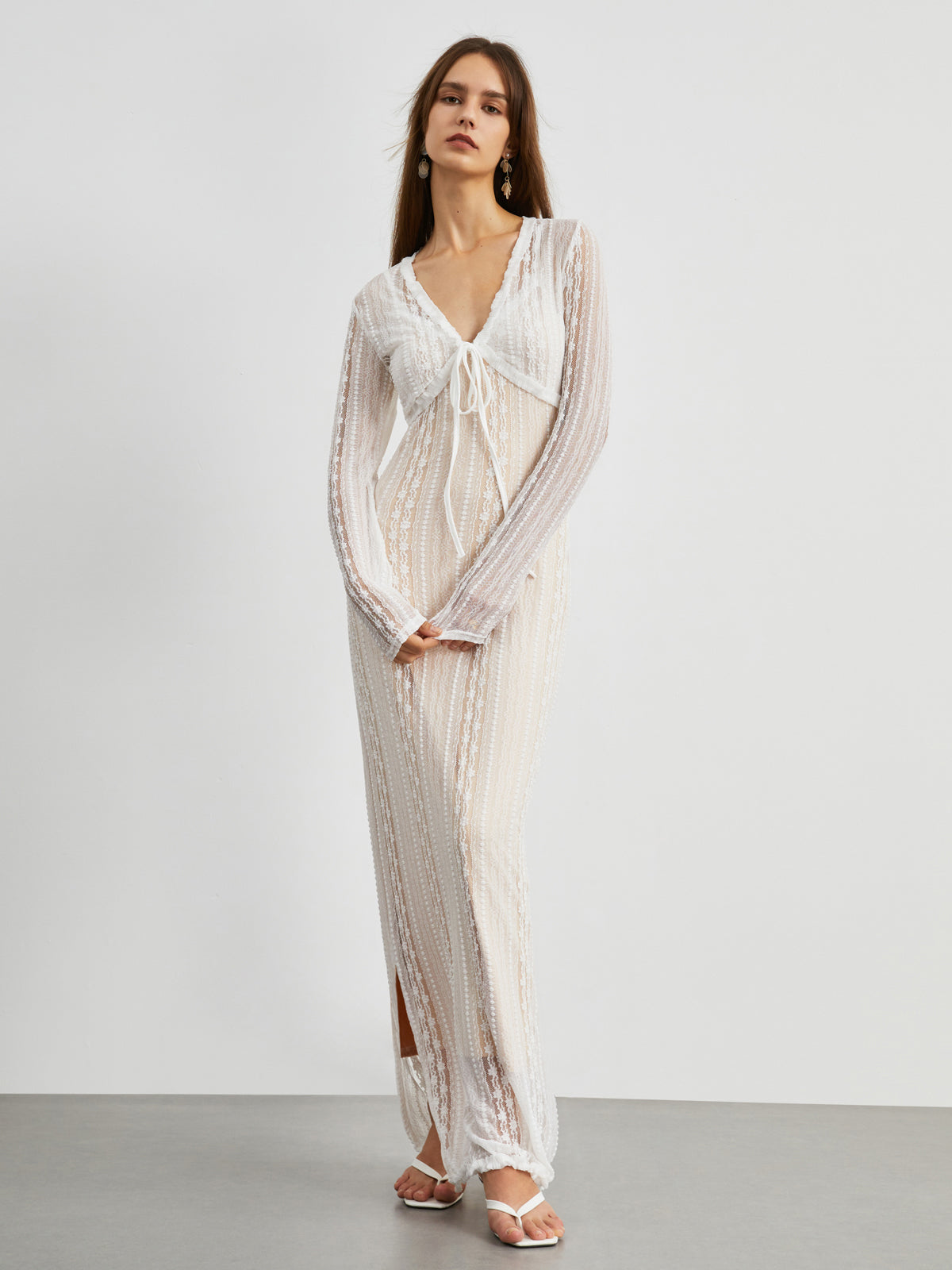 Floral Lace Textured Bolero Two Piece Long Dress-Chicvia