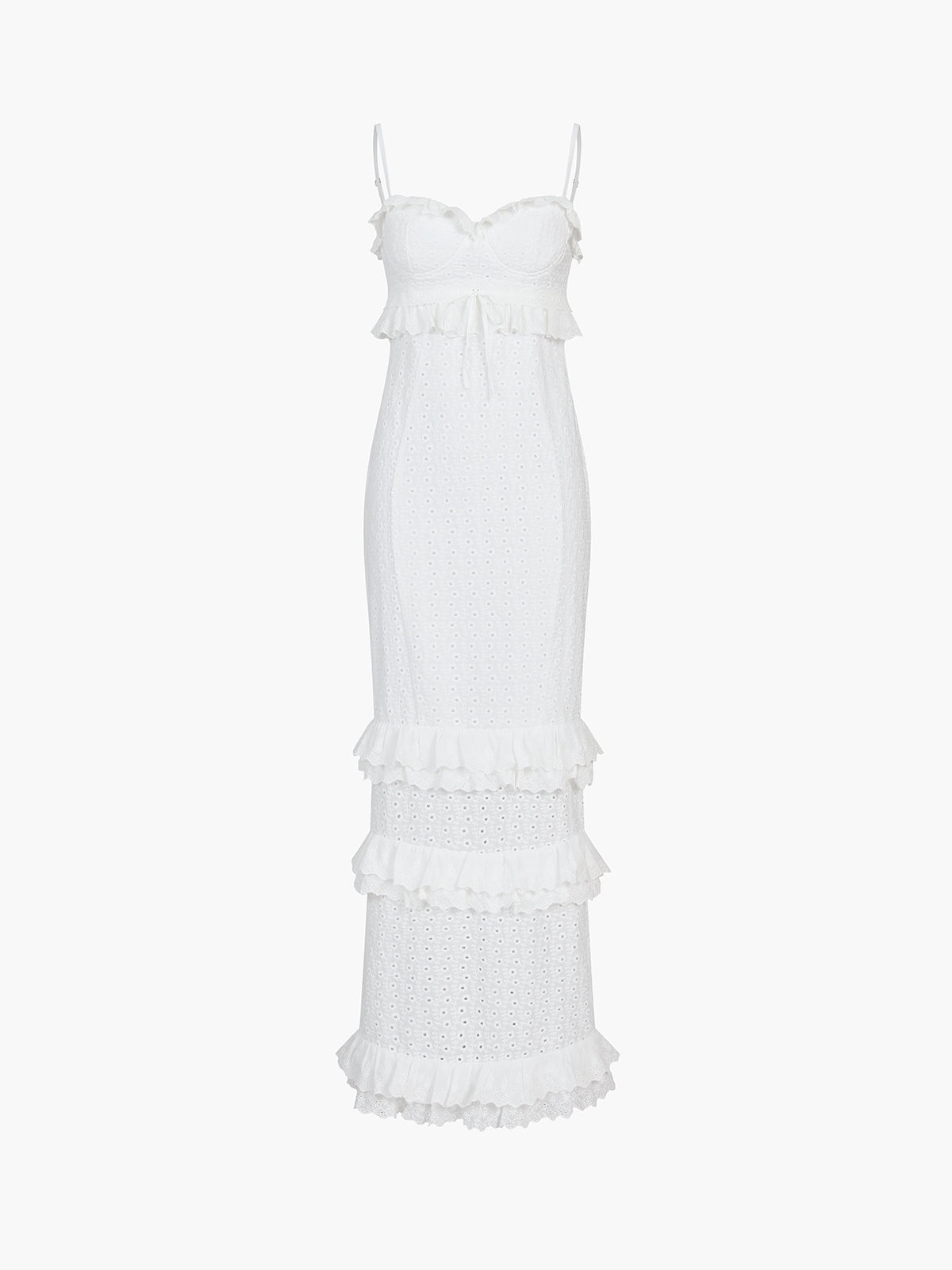 Cup Detail Layered Ruffle Eyelet Long Dress-Chicvia