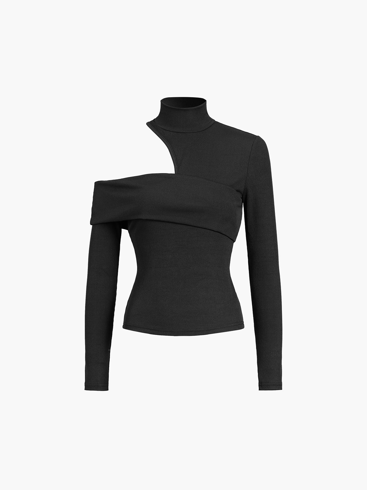 Mock Neck Oblique Cutout Rib Long Sleeve Knit Top-Chicvia
